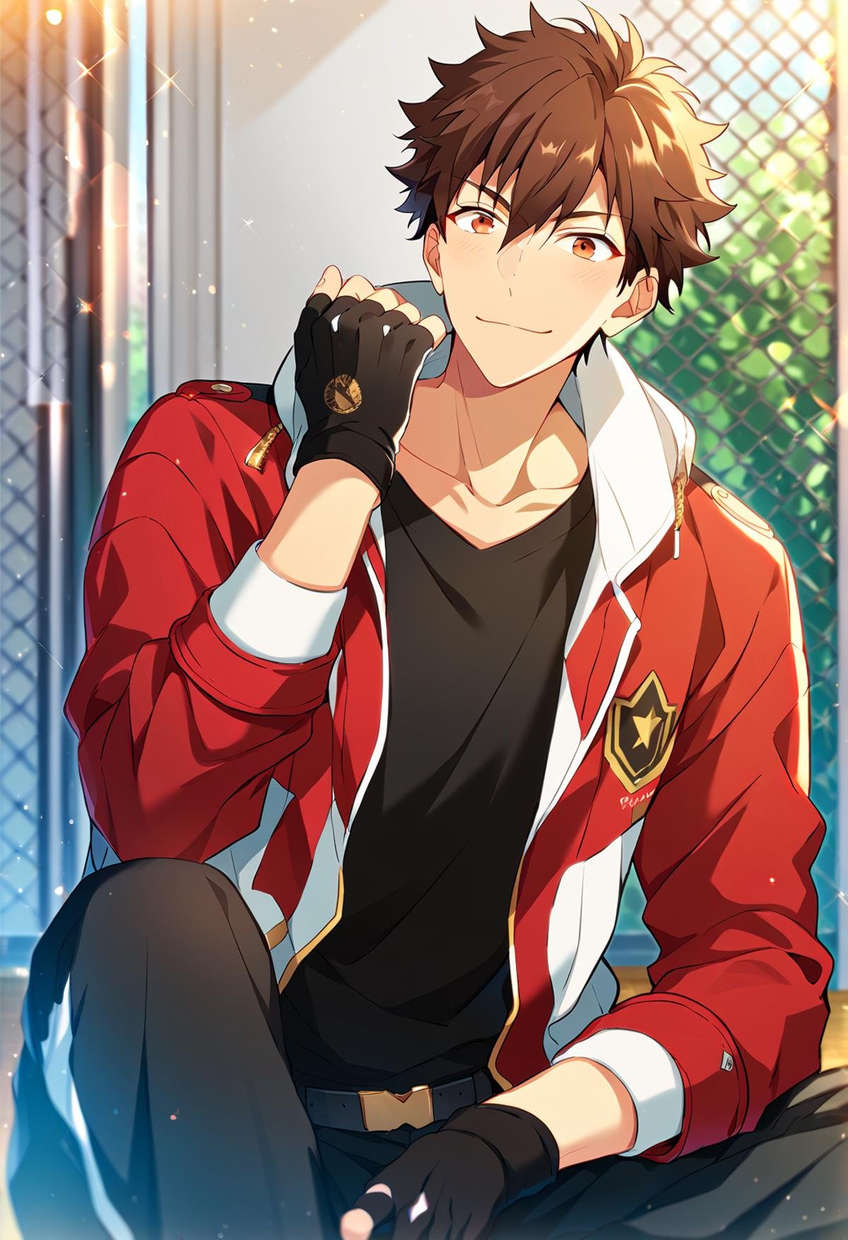 score_9_up, score_8_up, score_7_up, score_6_up, score_5_up, score_4_up, best quality, amazing quality, best aesthetic, absurdres, cute, solo,chiaki morisawa, brown eyes, brown hair, red jacket, black shirt, black pants, black fingereless gloves, sneakers, belt<lora:EMS-358184-EMS:1.000000>