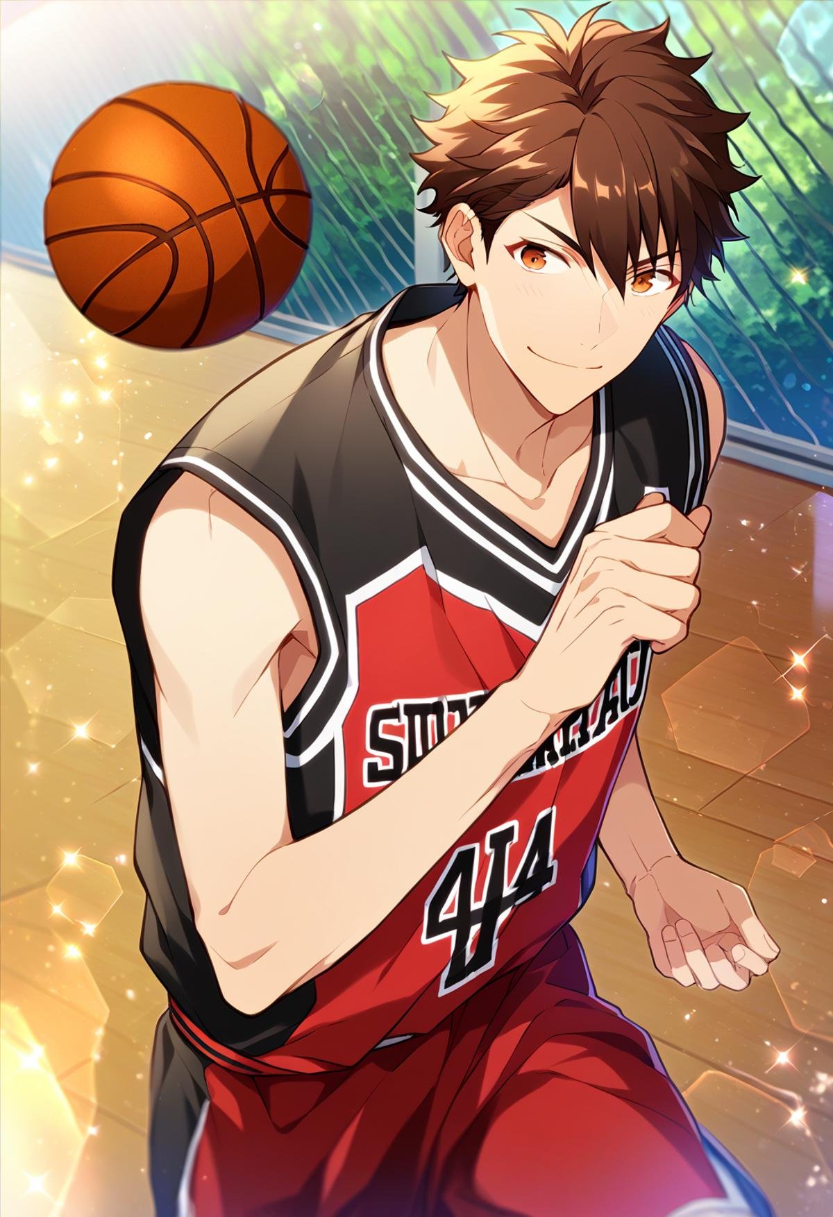 s(zPDXL), core_9_up, score_8_up, score_7_up, score_6_up, score_5_up, score_4_up, best quality, amazing quality, best aesthetic, absurdres, cute, solo,chiaki morisawa, brown eyes, brown hair, basketball uniform, red with black tank top, red shorts<lora:EMS-358184-EMS:1.000000>