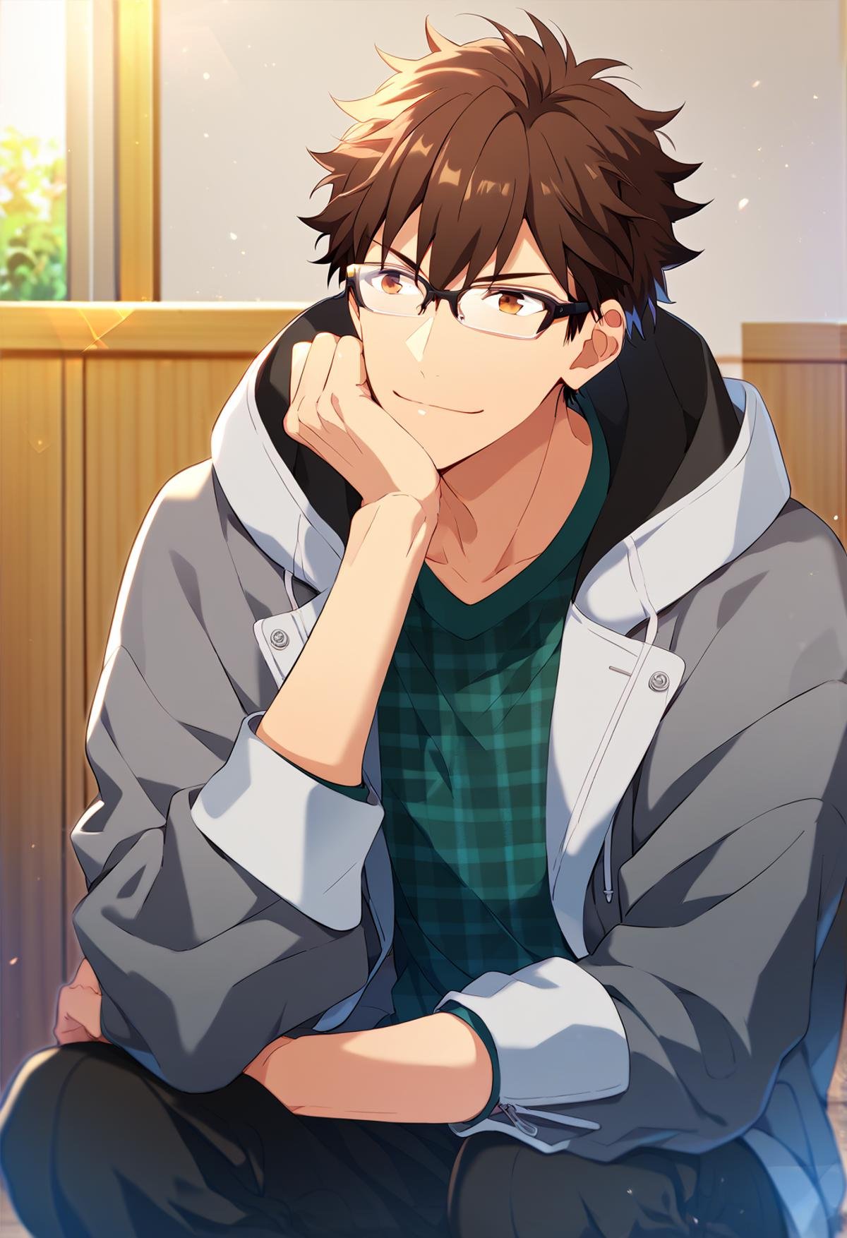 score_9, score_8_up, score_7_up, score_6_up, score_5_up, score_4_up, best quality, amazing quality, best aesthetic, absurdres, solo,chiaki morisawa, brown eyes, brown hair, black pants, gray open jacket, plaid green shirt, glasses<lora:EMS-358184-EMS:1.000000>