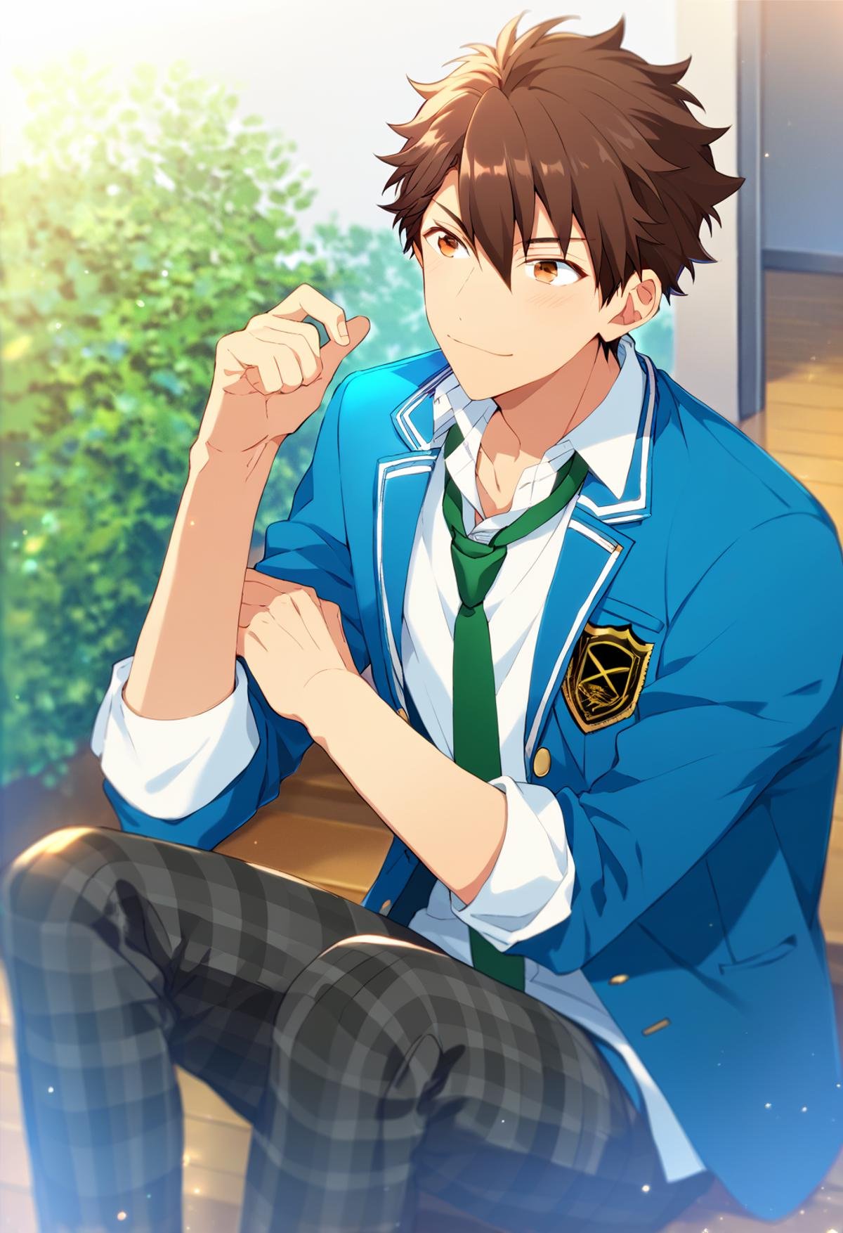 score_9_up, score_8_up, score_7_up, score_6_up, score_5_up, score_4_up, best quality, amazing quality, best aesthetic, absurdres, cute, solo,chiaki morisawa, brown eyes, brown hair, school uniform, rolled up jacket, blue jacket, green necktie, white shirt, belt, plaid pants, (zPDXL)<lora:EMS-358184-EMS:1.000000>