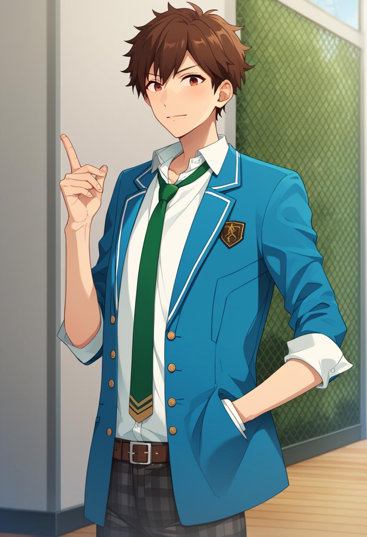 score_9, score_8_up, score_7_up, score_6_up, score_5_up, score_4_up, best quality, amazing quality, best aesthetic, absurdres, solo,chiaki morisawa, brown eyes, brown hair, school uniform, rolled up jacket, blue jacket, green necktie, white shirt, belt, plaid pants<lora:EMS-358184-EMS:1.000000>