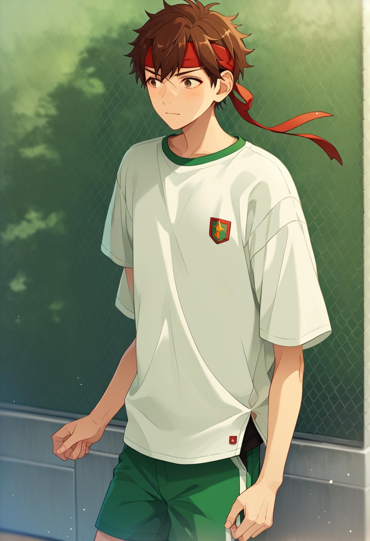 score_9, score_8_up, score_7_up, score_6_up, score_5_up, score_4_up, best quality, amazing quality, best aesthetic, absurdres, solo,chiaki morisawa, brown eyes, brown hair, green with white shirt, black with green shorts, red headband<lora:EMS-358184-EMS:1.000000>