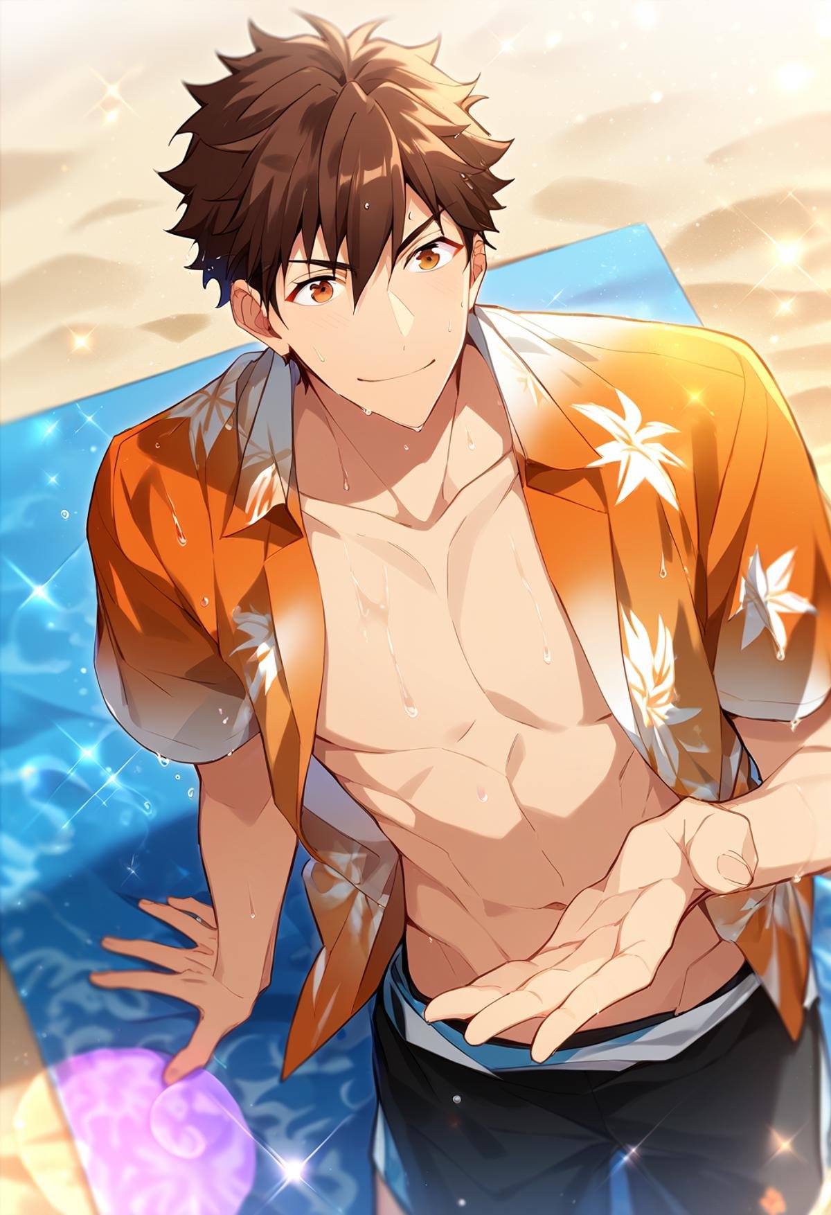 s(zPDXL), core_9_up, score_8_up, score_7_up, score_6_up, score_5_up, score_4_up, best quality, amazing quality, best aesthetic, absurdres, cute, solo,chiaki morisawa, brown eyes, brown hair, summer, orange hawaiian open shirt, beach shorts, wet, sweat<lora:EMS-358184-EMS:1.000000>