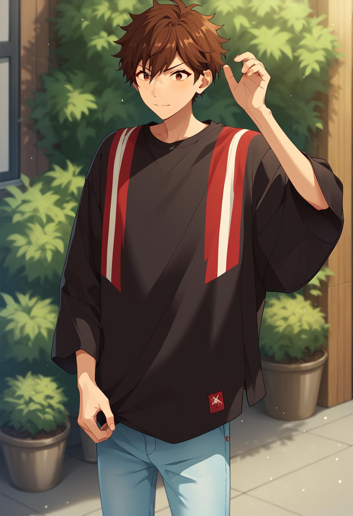 score_9, score_8_up, score_7_up, score_6_up, score_5_up, score_4_up, best quality, amazing quality, best aesthetic, absurdres, solo,chiaki morisawa, brown eyes, brown hair, black shirt with red and white stripe, blue pants<lora:EMS-358184-EMS:1.000000>