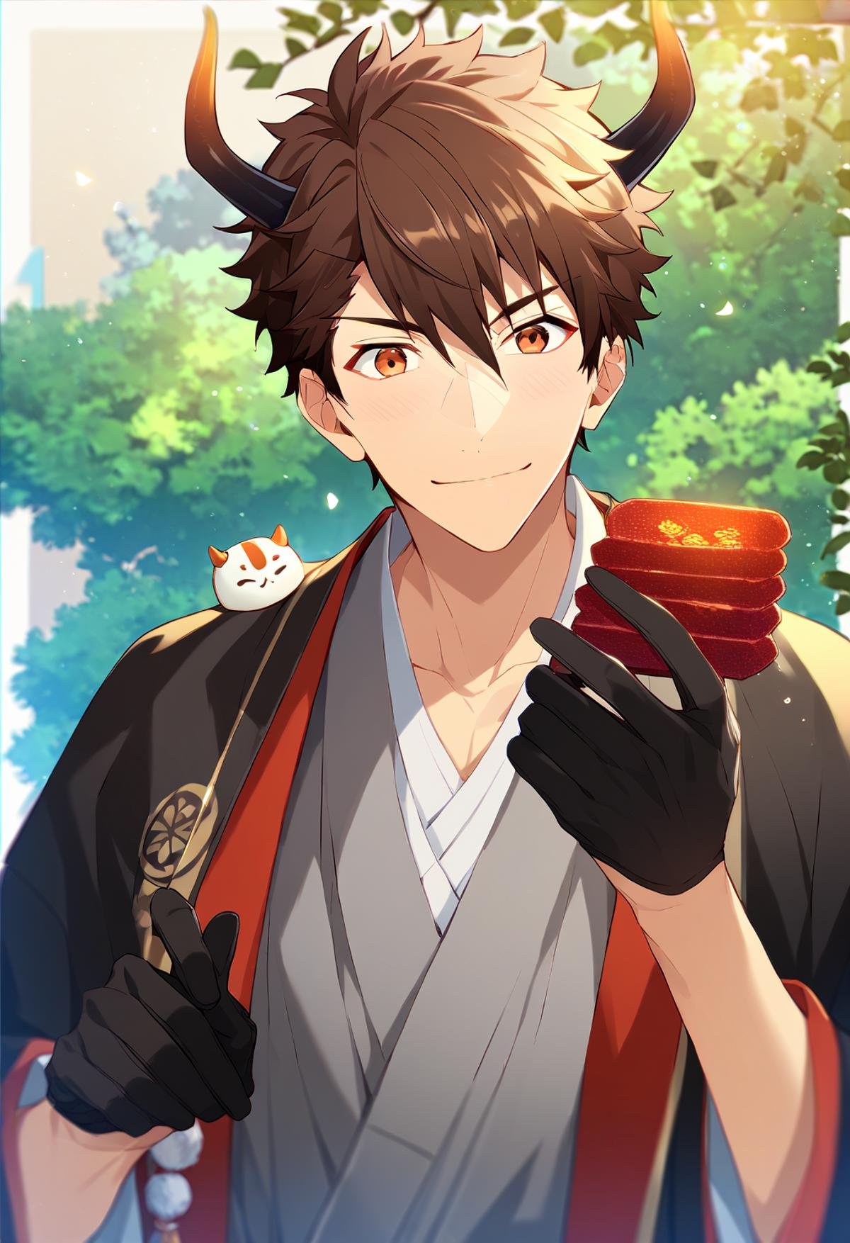 s(zPDXL), core_9_up, score_8_up, score_7_up, score_6_up, score_5_up, score_4_up, best quality, amazing quality, best aesthetic, absurdres, cute, solo,chiaki morisawa, brown eyes, brown hair, black gloves, japanese clothes, horns<lora:EMS-358184-EMS:1.000000>