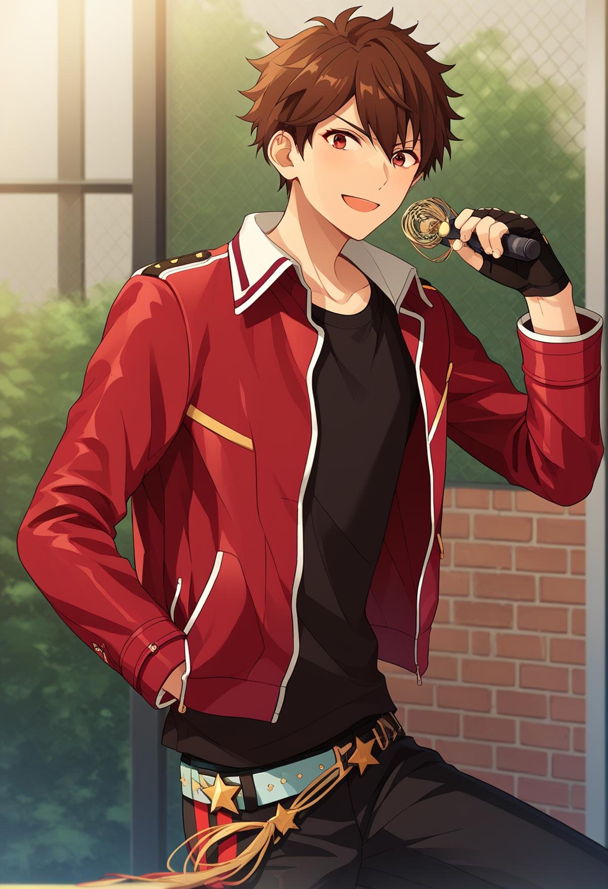 score_9, score_8_up, score_7_up, score_6_up, score_5_up, score_4_up, best quality, amazing quality, best aesthetic, absurdres, solo,chiaki morisawa, brown eyes, brown hair, red jacket, black shirt, black pants, black fingereless gloves, sneakers, belt<lora:EMS-358184-EMS:1.000000>