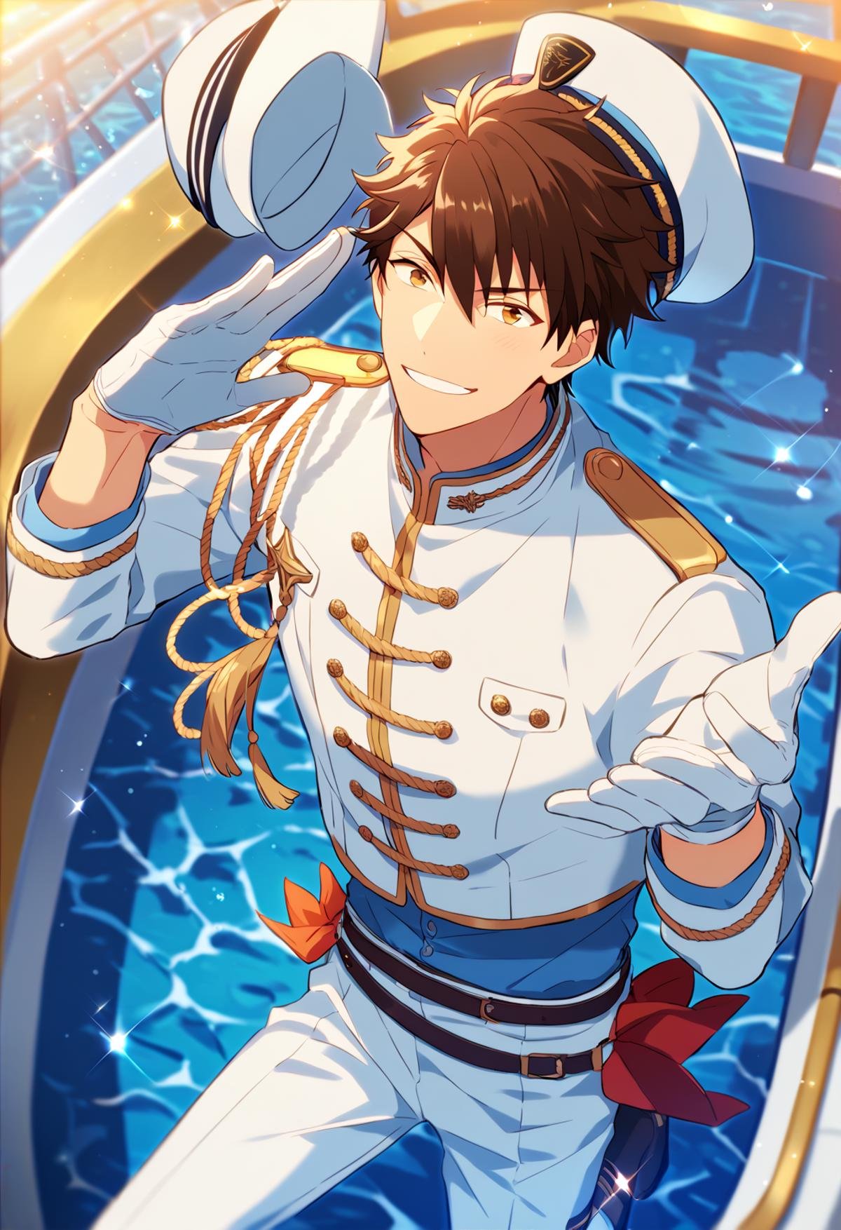 score_9, score_8_up, score_7_up, score_6_up, score_5_up, score_4_up, best quality, amazing quality, best aesthetic, absurdres, solo,chiaki morisawa, brown eyes, brown hair, sailor uniform, white jacket with gold buttons, white gloves, sailor hat, white pants, in a boat, upper view<lora:EMS-358184-EMS:1.000000>