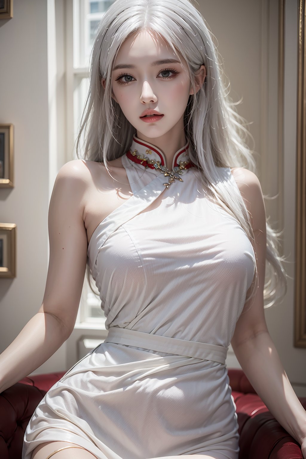 female,masterpiece, realistic, best quality, ultra detailed, waist up, white hair, jewelery, fashionable accessories, cheongsam