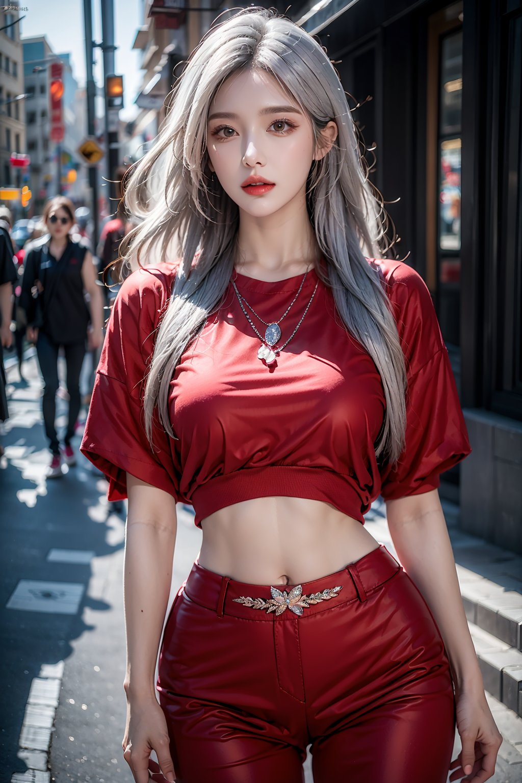 female,masterpiece, realistic, best quality, ultra detailed, waist up, silver hair, jewelery, fashionable accessories, street wear, fashion clothing, colorful, red clothing