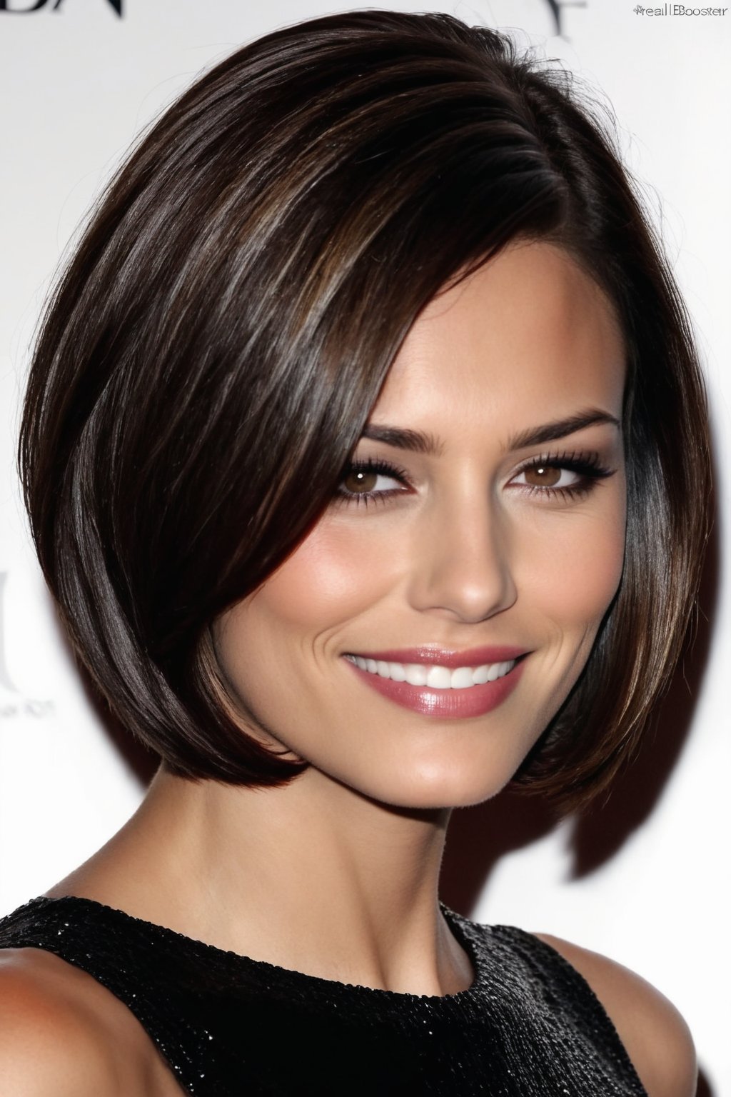 Create a high-quality, realistic image of a woman with a stylish bob cut hairstyle. Her hair should be straight and sleek, ending just above her shoulders, with a slight inward curve at the ends. The bob should have a clean, sharp edge, giving it a modern and sophisticated look. Include a side part that gently frames her face, with a few loose strands softly brushing her cheeks. Her hair color should be a rich, dark brown with subtle highlights that add dimension and shine. The background should be simple and elegant, allowing the focus to remain on her hairstyle. Ensure the lighting enhances the smooth texture and glossy finish of her hair.,real_booster