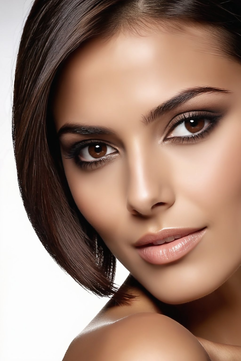 Create a high-quality, realistic image of a woman with a stylish bob cut hairstyle. Her hair should be straight and sleek, ending just above her shoulders, with a slight inward curve at the ends. The bob should have a clean, sharp edge, giving it a modern and sophisticated look. Include a side part that gently frames her face, with a few loose strands softly brushing her cheeks. Her hair color should be a rich, dark brown with subtle highlights that add dimension and shine. The background should be simple and elegant, allowing the focus to remain on her hairstyle. Ensure the lighting enhances the smooth texture and glossy finish of her hair.,real_booster,Indian Girl