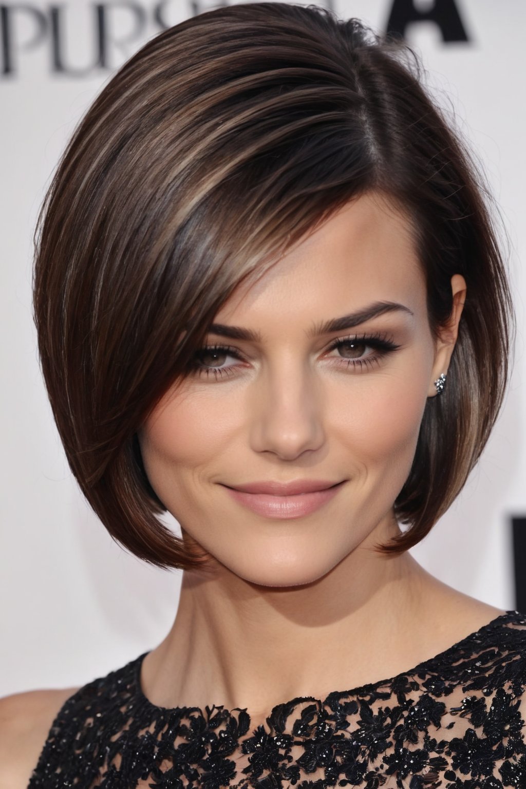 Create a high-quality, realistic image of a woman with a stylish bob cut hairstyle. Her hair should be straight and sleek, ending just above her shoulders, with a slight inward curve at the ends. The bob should have a clean, sharp edge, giving it a modern and sophisticated look. Include a side part that gently frames her face, with a few loose strands softly brushing her cheeks. Her hair color should be a rich, dark brown with subtle highlights that add dimension and shine. The background should be simple and elegant, allowing the focus to remain on her hairstyle. Ensure the lighting enhances the smooth texture and glossy finish of her hair.