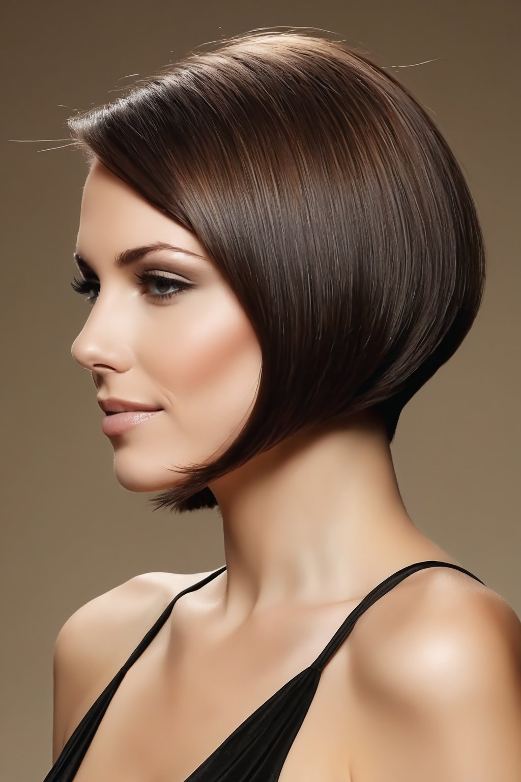 Create a high-quality, realistic image of a woman with a stylish bob cut hairstyle. Her hair should be straight and sleek, ending just above her shoulders, with a slight inward curve at the ends. The bob should have a clean, sharp edge, giving it a modern and sophisticated look. Include a side part that gently frames her face, with a few loose strands softly brushing her cheeks. Her hair color should be a rich, dark brown with subtle highlights that add dimension and shine. The background should be simple and elegant, allowing the focus to remain on her hairstyle. Ensure the lighting enhances the smooth texture and glossy finish of her hair.