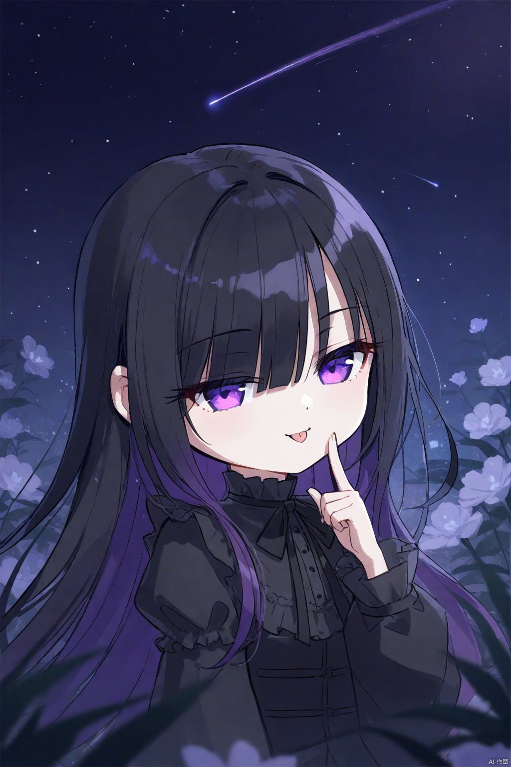  1girl, solo, 
Long hair, black hair, purple gradient hair, purple eyes, blunt bangs, hair over one eye, glowing eyes, 
gothic, lace_trim, long sleeves, frilled shirt, detached_sleeve,
upper body, (half-closed eyes), chibi, 
blurry_foreground, night, shooting stars,
looking at viewer, tongue out, fang, finger_to_mouth,
masterpiece,bestquality, [artist:AGM86997980],artist:ciloranko,artist:wlop,[artist:sho_(sho_lwlw)],artist:ask(askzy),[artist:yuriTizu],[artist:ciloranko],[[artist:sola_syu]],[artist:morikura_en],sanada