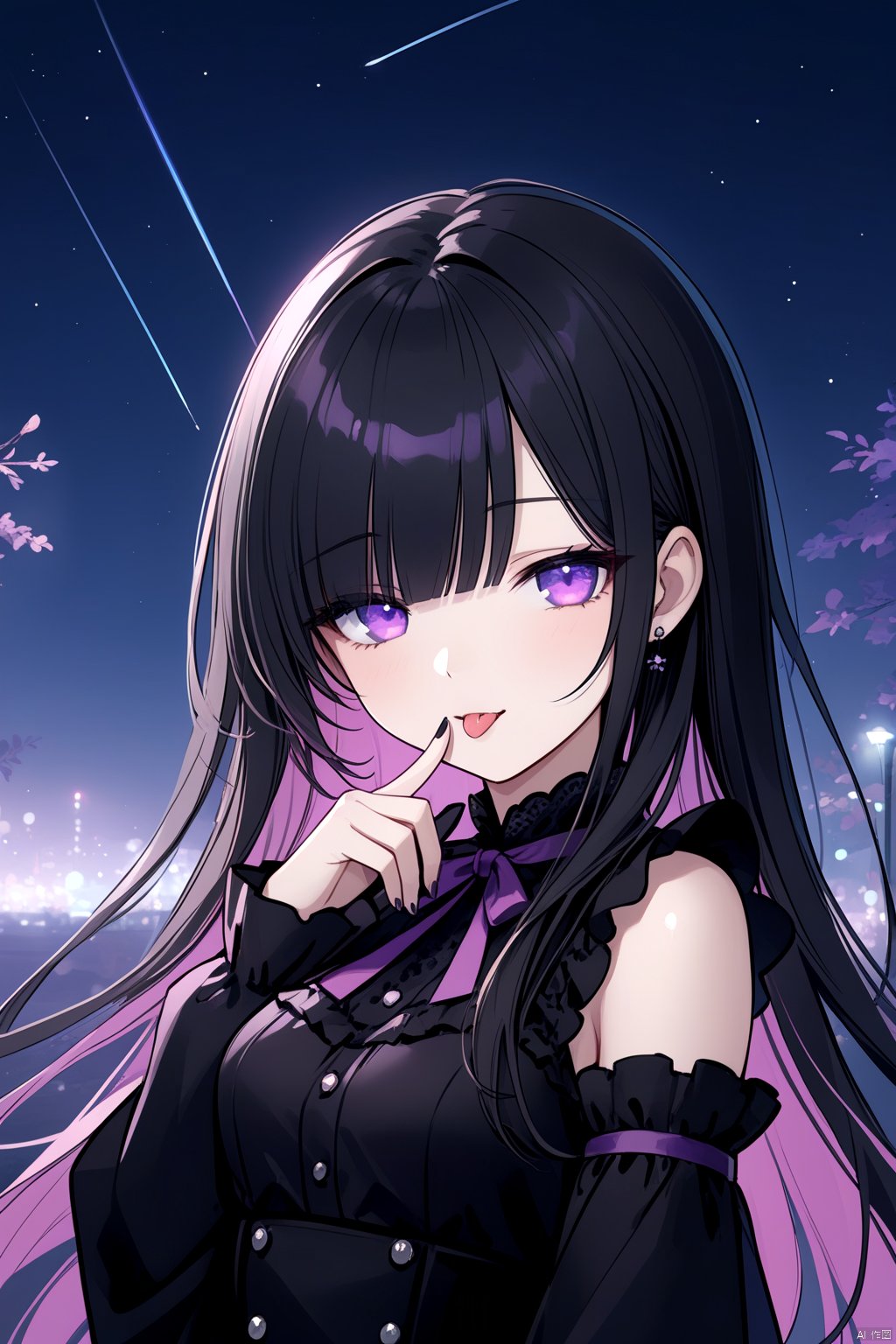  1girl, solo, 
Long hair, black hair, purple gradient hair, purple eyes, blunt bangs, hair over one eye, glowing eyes, 
gothic, lace_trim, long sleeves, frilled shirt, detached_sleeve,
upper body, (half-closed eyes), chibi, 
blurry_foreground, night, shooting stars,
looking at viewer, tongue out, fang, finger_to_mouth,
masterpiece,bestquality, [artist:AGM86997980],artist:ciloranko,artist:wlop,[artist:sho_(sho_lwlw)],artist:ask(askzy),[artist:yuriTizu],[artist:ciloranko],[[artist:sola_syu]],[artist:morikura_en],sanada