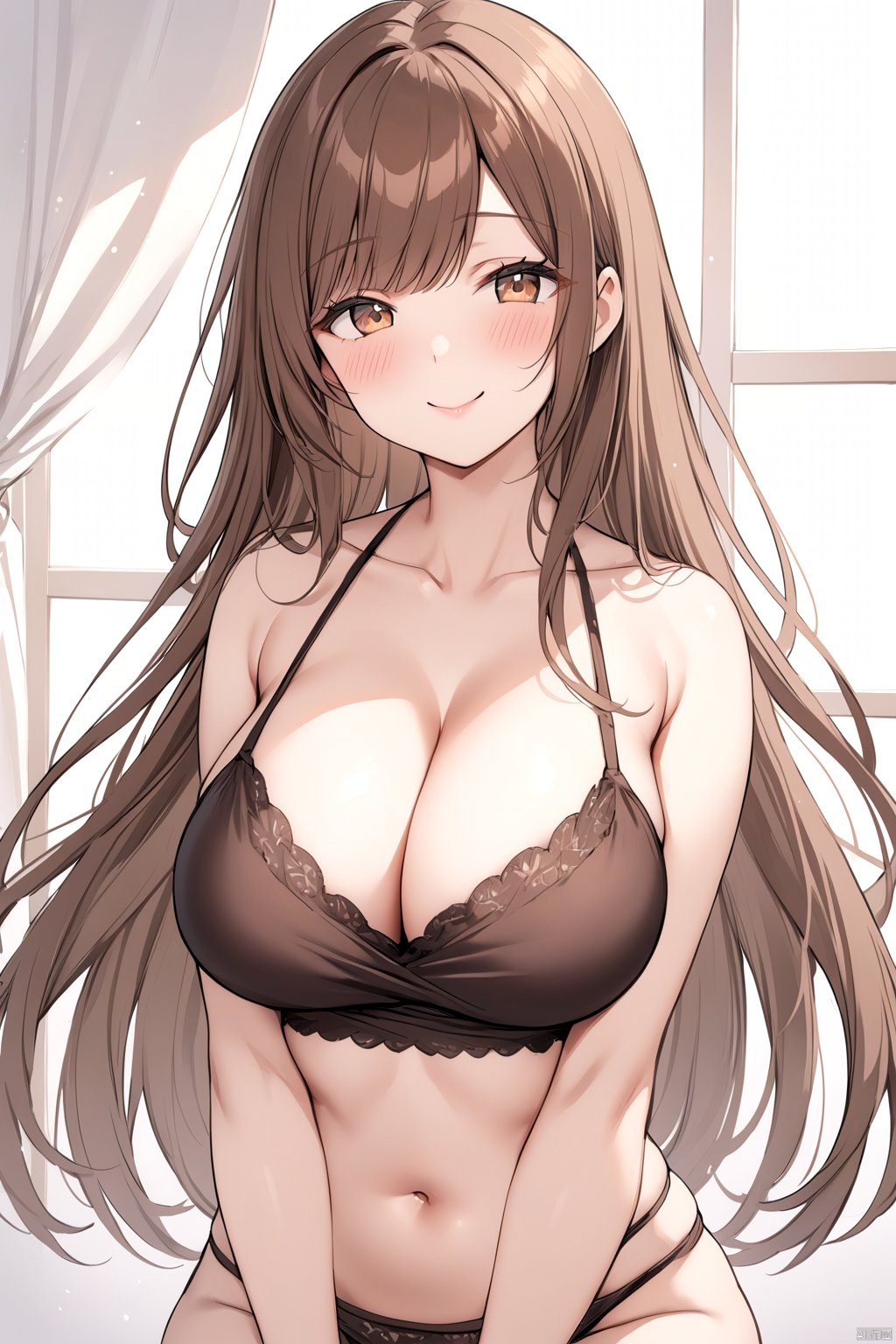 1girl, solo, long hair, breasts, looking at viewer, blush, smile, bangs, large breasts, brown hair, navel, cleavage, bare shoulders,sanada