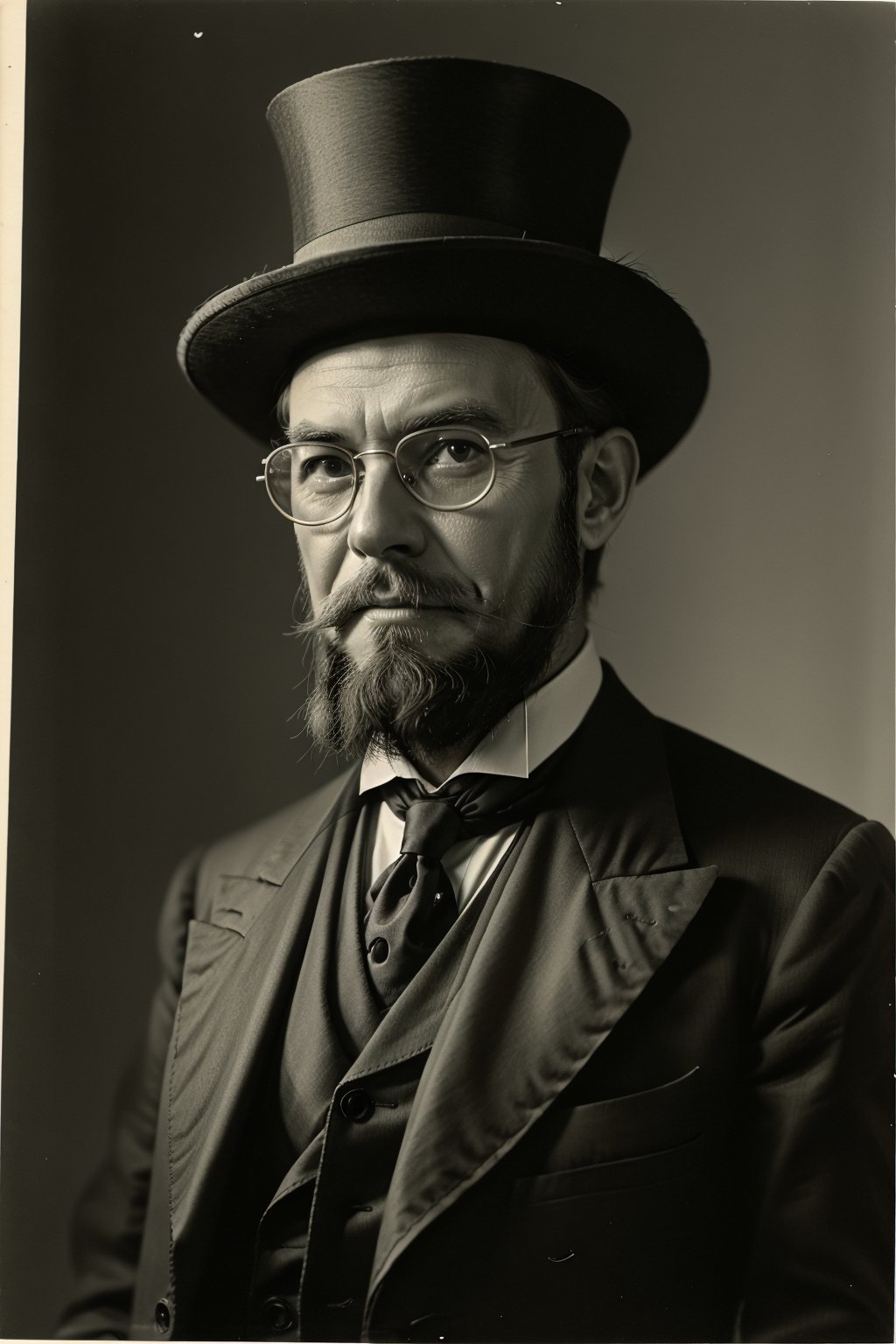 old man wearing a suit Wearing a top hat, white beard, Using one pair of glasses, 

Old vintage photography, black and white photo, 