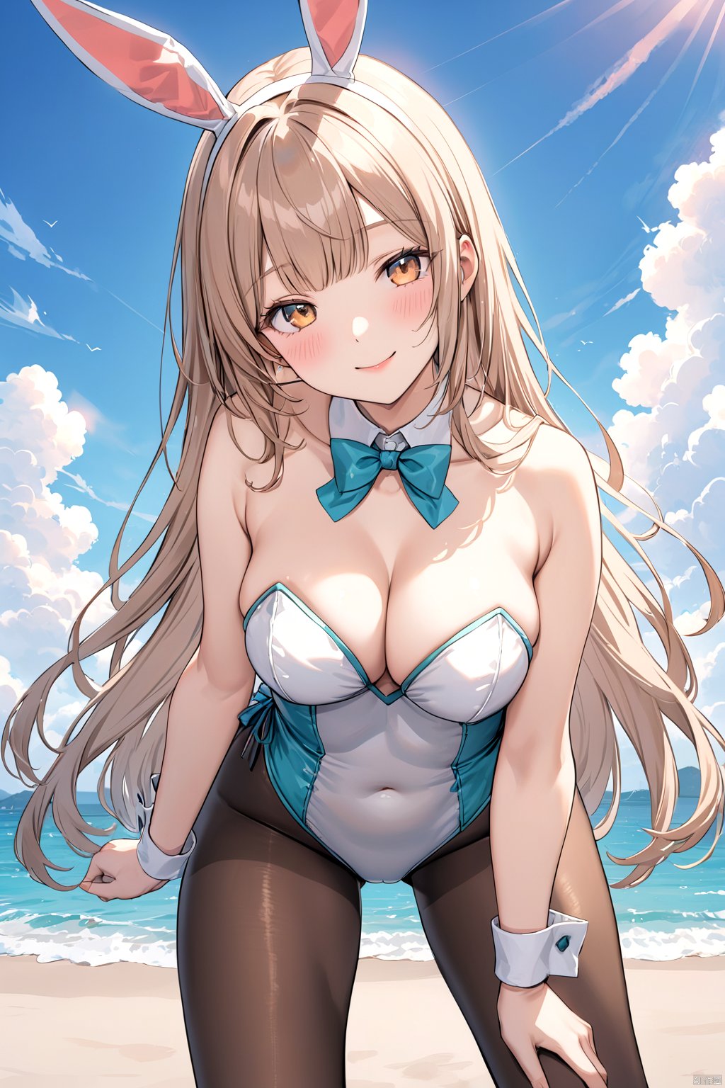 A Playboy Bunny-inspired beauty sits seaside, gazing directly at the viewer with a warm blush and inviting smile. Her bangs frame her face as she leans forward, showcasing her bare shoulders and tantalizing cleavage. The navel ring glints in the sunlight, casting a subtle glow on her skin. A vibrant sky with fluffy clouds serves as a stunning backdrop to her sultry pose. She wears a playful leotard and pantyhose combination, evoking a sense of whimsy and allure.sanada,sanada