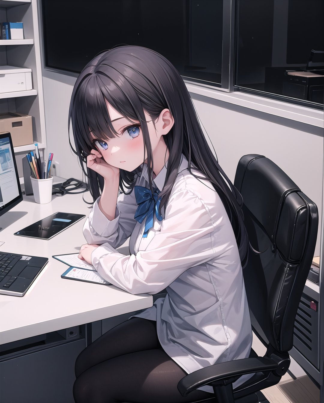 (masterpiece), 1girl, office, computer