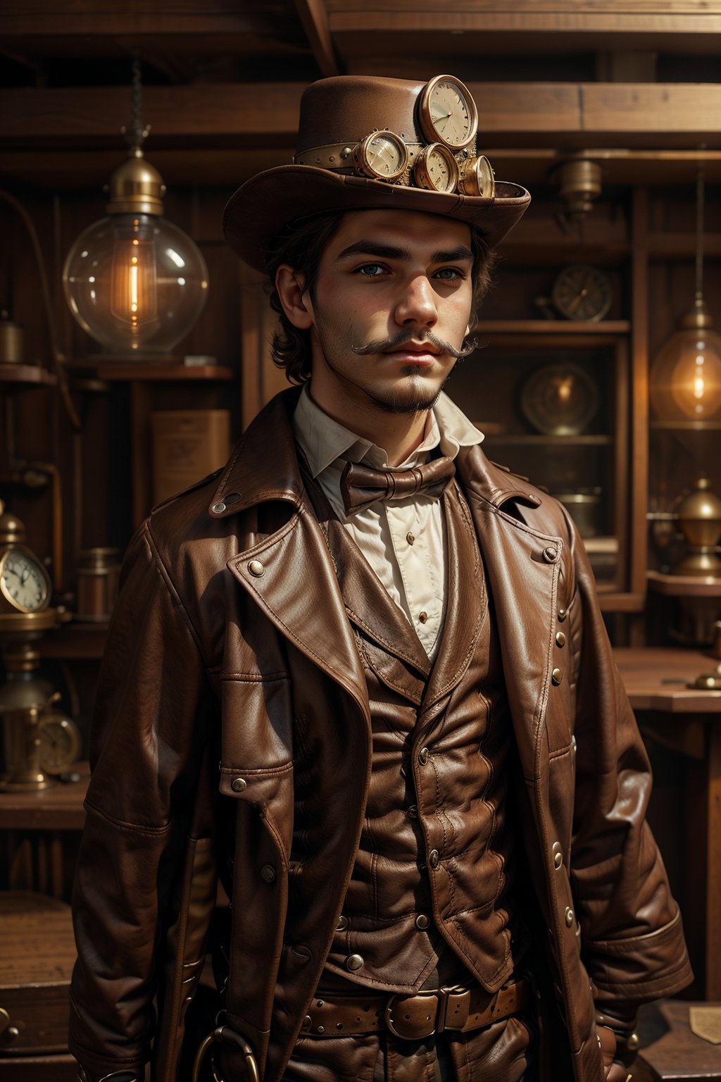 Young man, facial hair, half body, wearing a hat, 
, 

Steampunk style, 