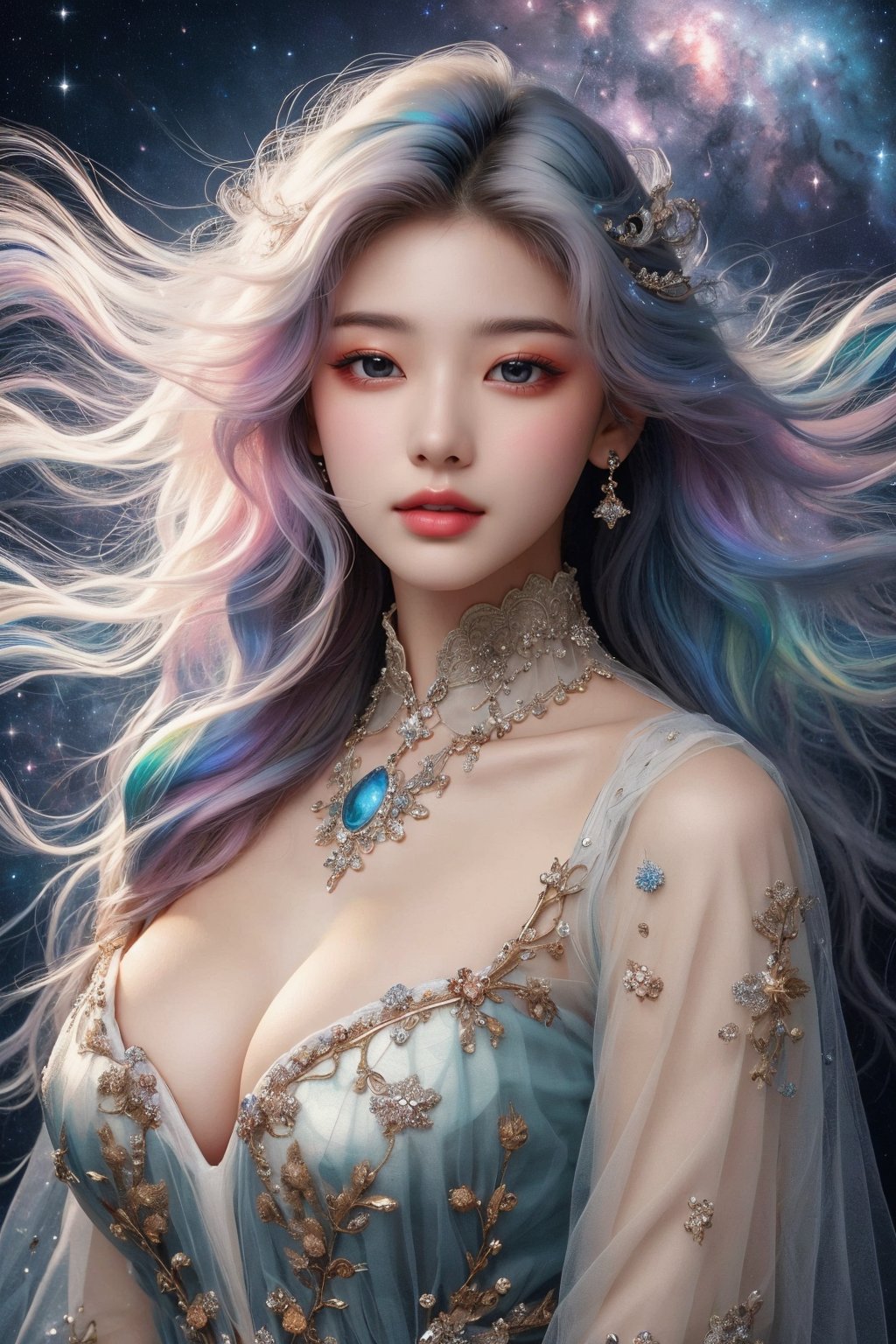 busty and sexy girl, 8k, masterpiece, ultra-realistic, best quality, high resolution, high definition, COSMO, GALAXY,stardust ,Her hair is the highlight, flowing around her head with white to iridescent hues