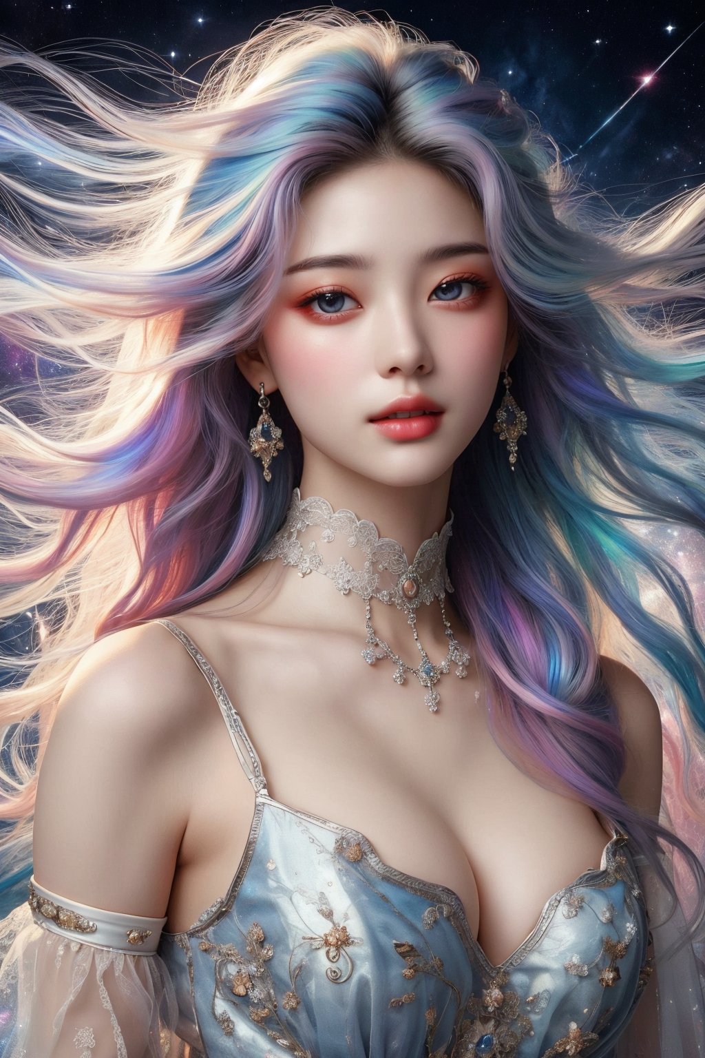 busty and sexy girl, 8k, masterpiece, ultra-realistic, best quality, high resolution, high definition, COSMO, GALAXY,stardust ,Her hair is the highlight, flowing around her head with white to iridescent hues