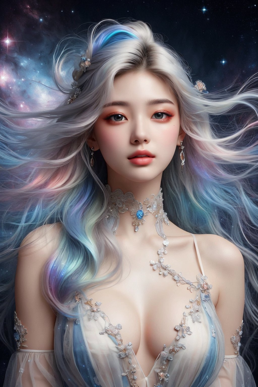 busty and sexy girl, 8k, masterpiece, ultra-realistic, best quality, high resolution, high definition, COSMO, GALAXY,stardust ,Her hair is the highlight, flowing around her head with white to iridescent hues