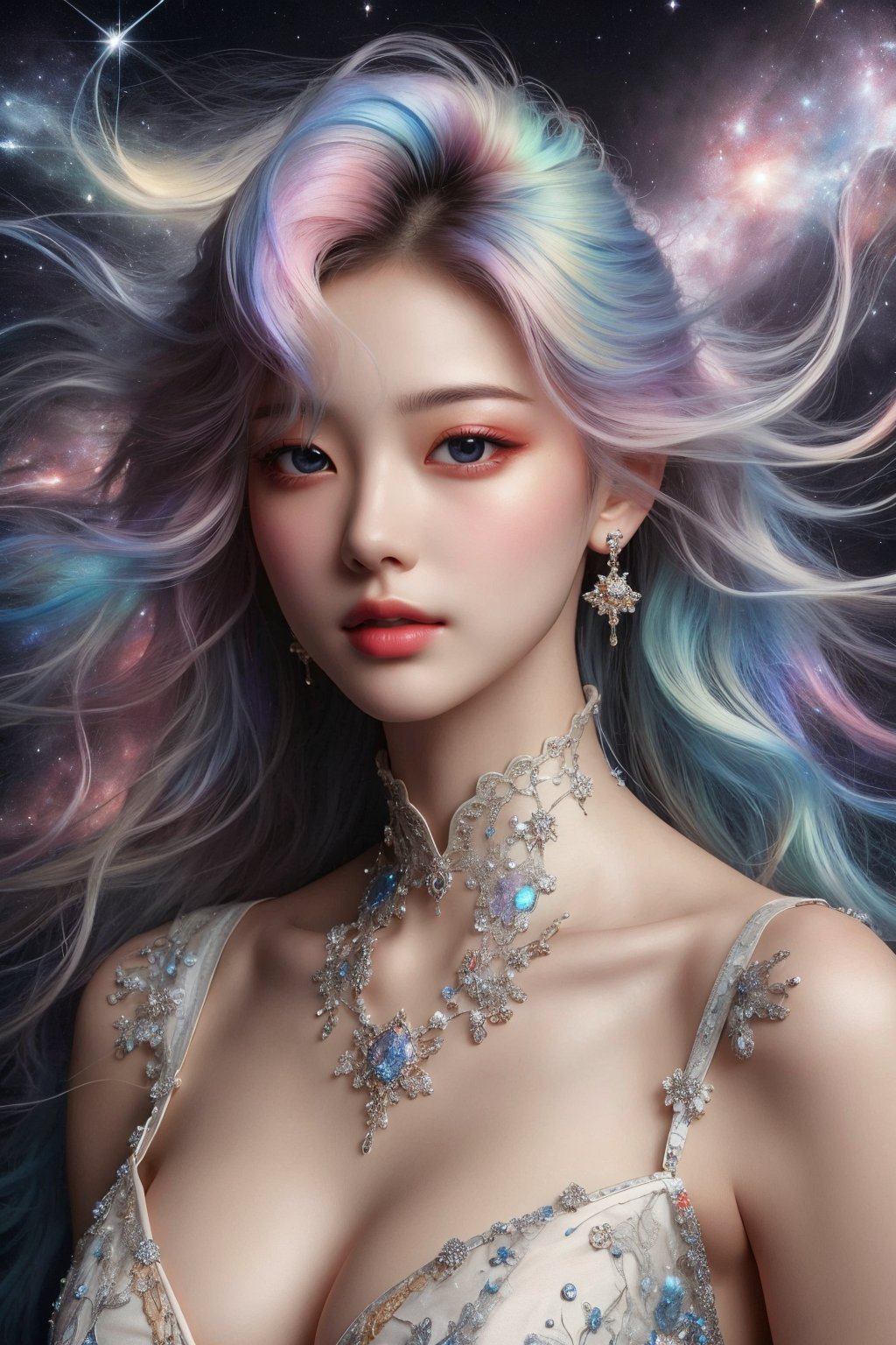 busty and sexy girl, 8k, masterpiece, ultra-realistic, best quality, high resolution, high definition, COSMO, GALAXY,stardust ,Her hair is the highlight, flowing around her head with white to iridescent hues