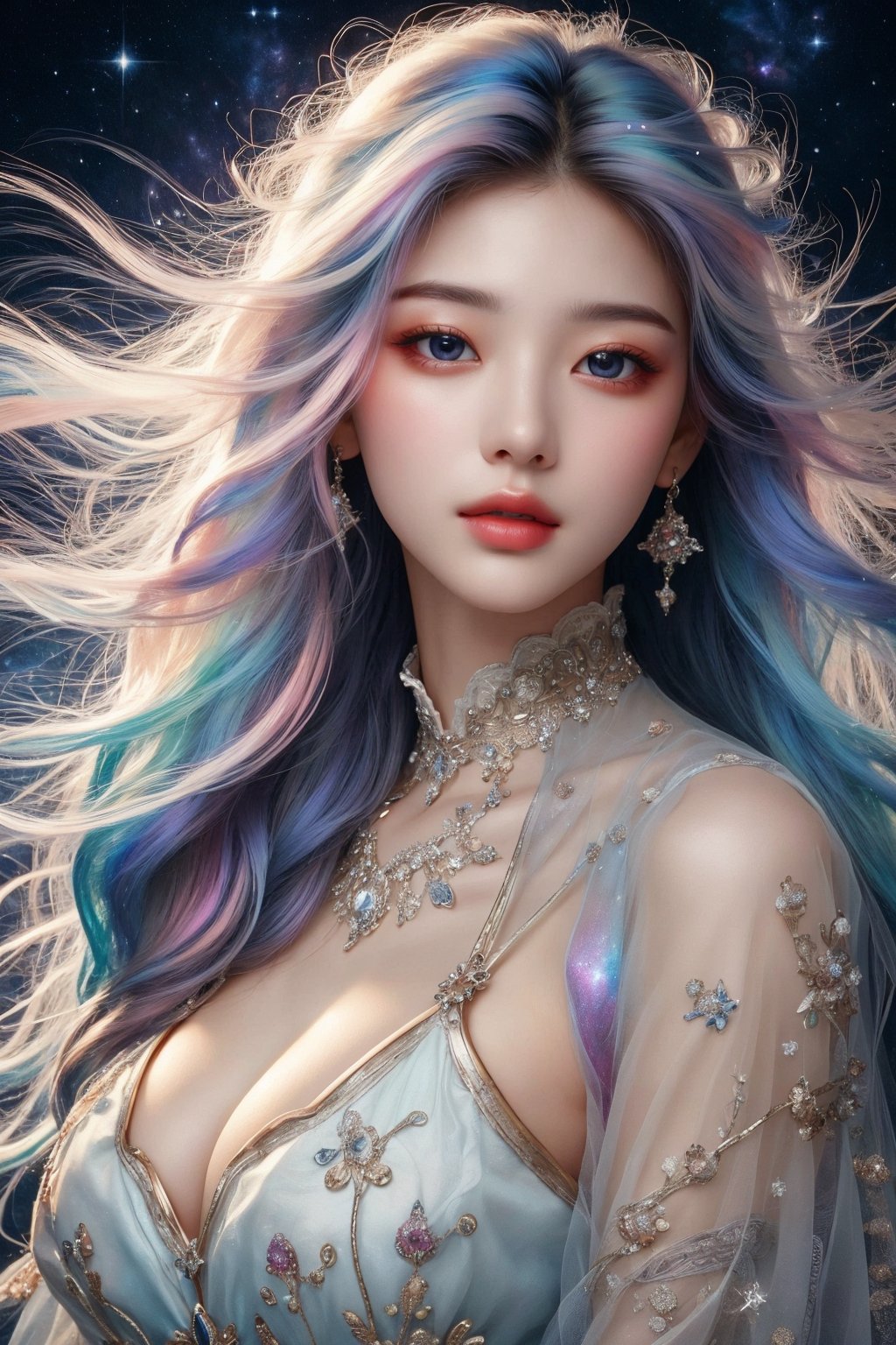 busty and sexy girl, 8k, masterpiece, ultra-realistic, best quality, high resolution, high definition, COSMO, GALAXY,stardust ,Her hair is the highlight, flowing around her head with white to iridescent hues