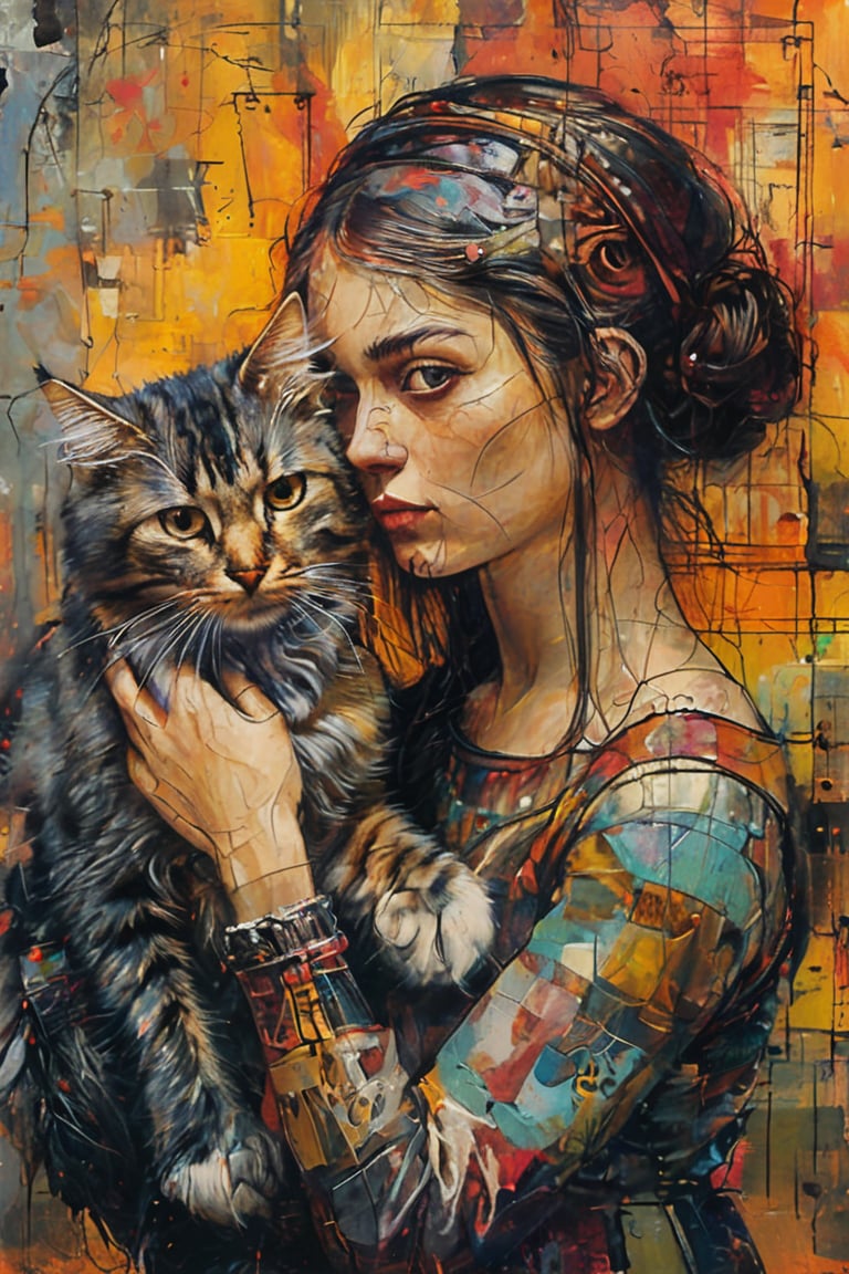 Art Brut. Crazy oil painting of a young woman with her cat. Illustration non-conventional, something surreal, something comic, something like magic realism, striking vibrant colors, intricately detailed, perfectly focused, UHD, double exposure, cinematic atmosphere. A complex unique masterpiece.