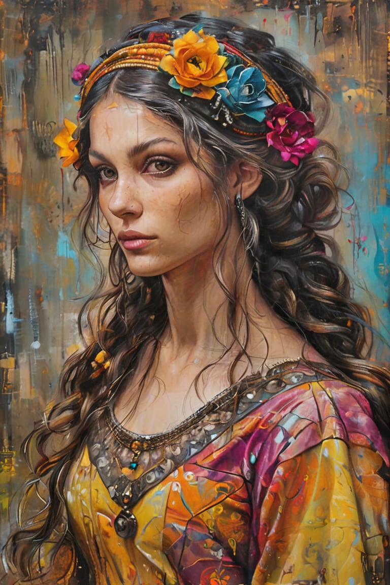  A  beautiful gypsy  woman dressed in vivid prints, tresses unbound soaking in gentle natural luminescence in the style of Patrice Murciano, Frank Stella, Yossi Kotler, an amalgam of intense textures and patterns merging melodiously upon her dewy, luminous complexion