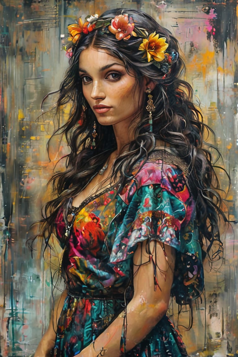  A  beautiful gypsy  woman dressed in vivid prints, tresses unbound soaking in gentle natural luminescence in the style of Patrice Murciano, Frank Stella, Yossi Kotler, an amalgam of intense textures and patterns merging melodiously upon her dewy, luminous complexion