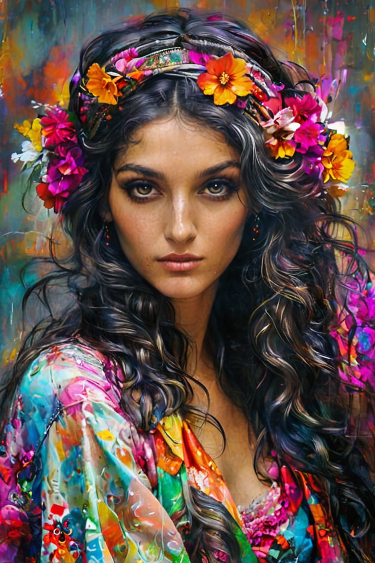  A  beautiful gypsy  woman dressed in vivid prints, tresses unbound soaking in gentle natural luminescence in the style of Patrice Murciano, Frank Stella, Yossi Kotler, an amalgam of intense textures and patterns merging melodiously upon her dewy, luminous complexion