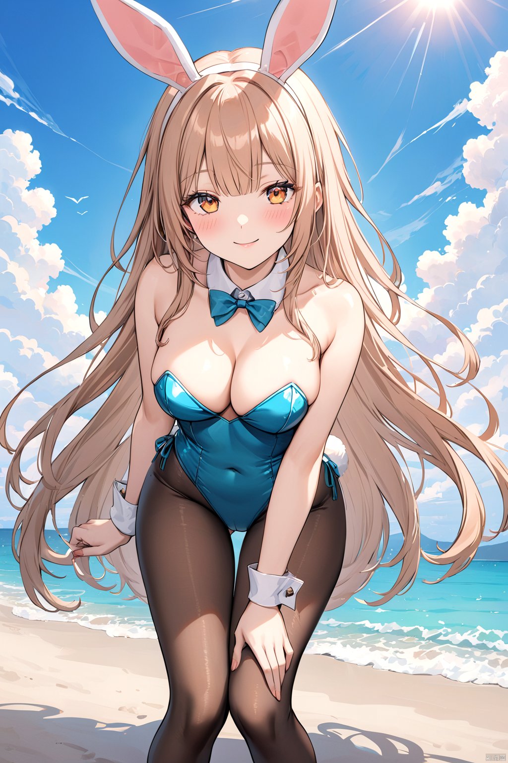 A Playboy Bunny-inspired beauty sits seaside, gazing directly at the viewer with a warm blush and inviting smile. Her bangs frame her face as she leans forward, showcasing her bare shoulders and tantalizing cleavage. The navel ring glints in the sunlight, casting a subtle glow on her skin. A vibrant sky with fluffy clouds serves as a stunning backdrop to her sultry pose. She wears a playful leotard and pantyhose combination, evoking a sense of whimsy and allure.sanada,sanada