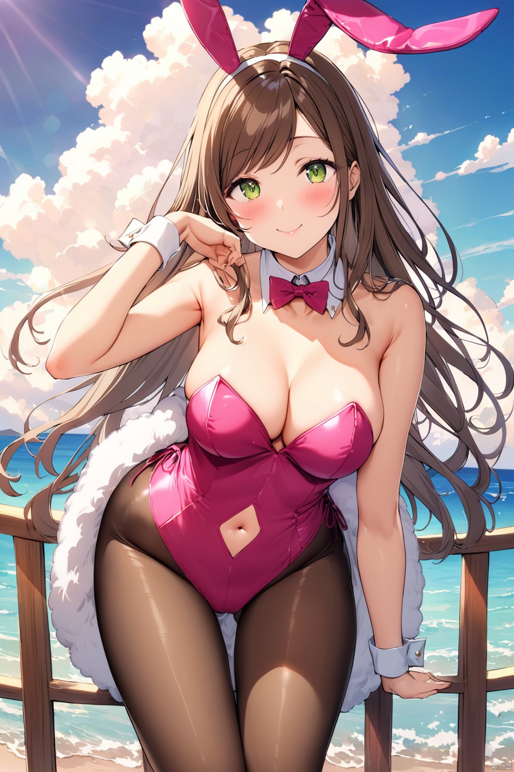 A Playboy Bunny-inspired beauty sits seaside, gazing directly at the viewer with a warm blush and inviting smile. Her bangs frame her face as she leans forward, showcasing her bare shoulders and tantalizing cleavage. The navel ring glints in the sunlight, casting a subtle glow on her skin. A vibrant sky with fluffy clouds serves as a stunning backdrop to her sultry pose. She wears a playful leotard and pantyhose combination, evoking a sense of whimsy and allure.sanada,