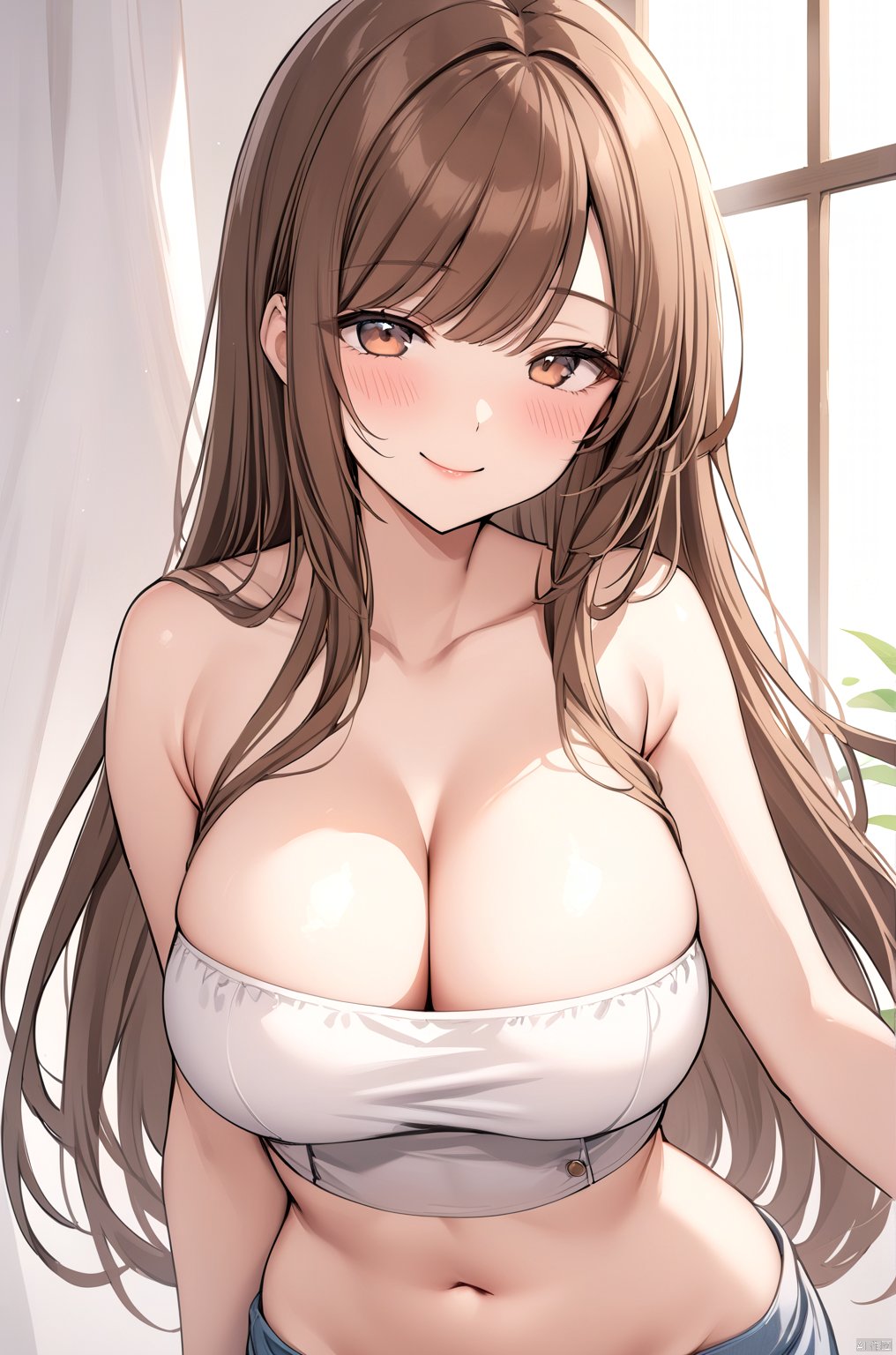 1girl, solo, long hair, breasts, looking at viewer, blush, smile, bangs, large breasts, brown hair, navel, cleavage, bare shoulders,sanada