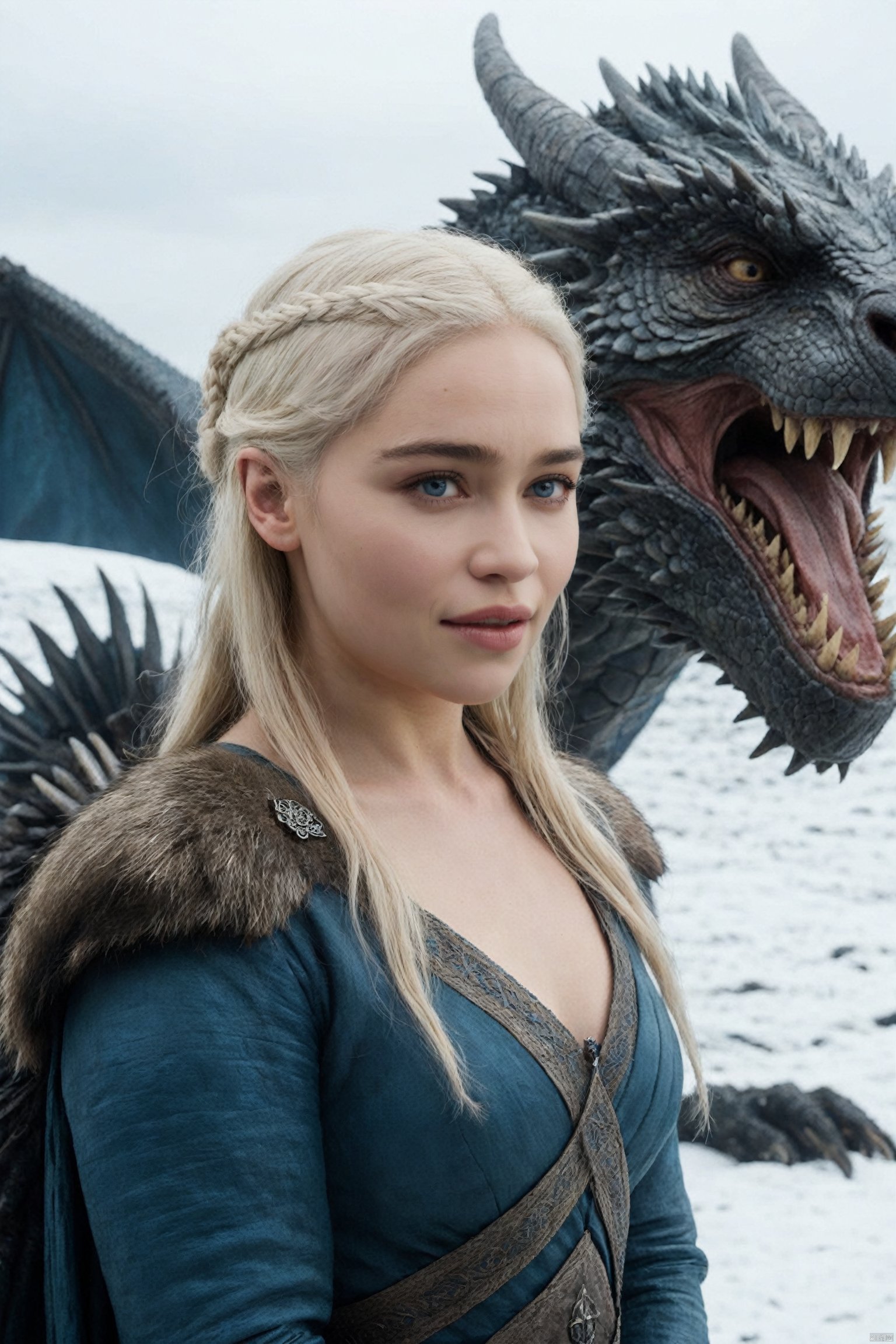  (Movie Still) from Game of Thrones,(extremely intricate:1.3),(realistic),portrait of a girl,the most beautiful in the world,Daenerys Targaryen,blonde hair,long hair,blue eyes,behind her is a dragon,monster,teeth,snow,(detailed face, detailed eyes, clear skin, clear eyes),photorealistic,award winning,professional photograph of a stunning woman detailed,sharp focus,dramatic,award winning,cinematic lighting,volumetrics dtx,,Movie Still, , emilia clarke,Emilia Clarke