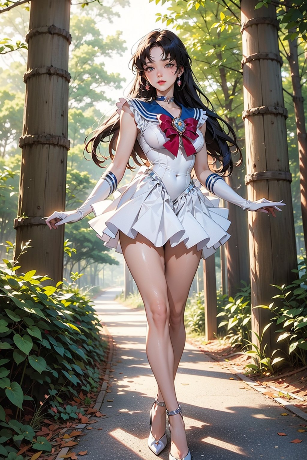 Beautiful woman, Standing on a hill, the background is a beautiful forest, 

Sailormoon suit and style