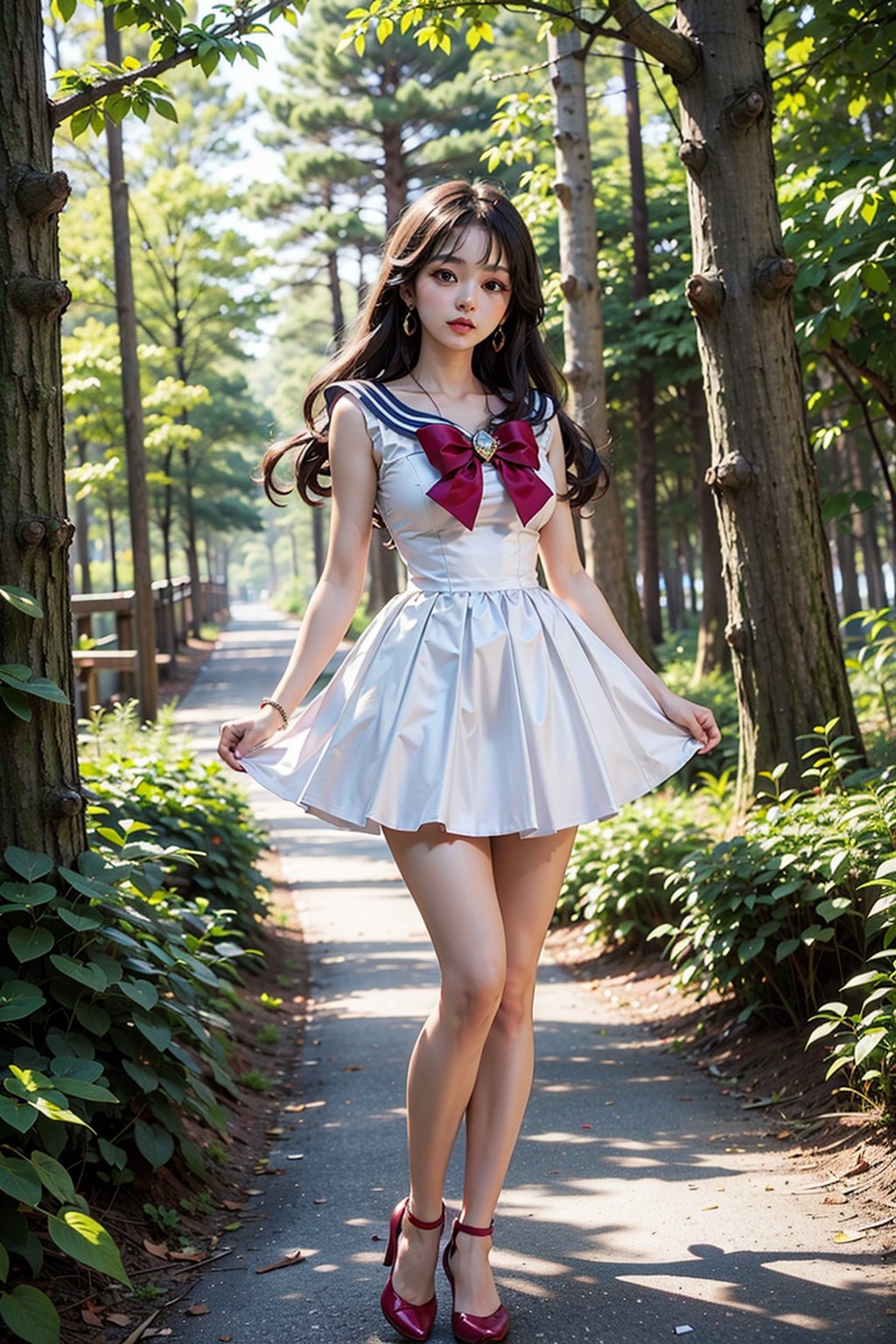 Beautiful woman, Standing on a hill, the background is a beautiful forest, 

Sailormoon suit and style