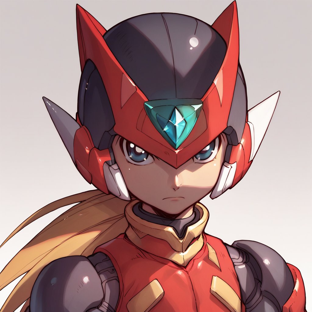 score_9, score_8_up, score_7_up, detailed face, megaman_zero, solo, long hair, looking at viewer, blue eyes, blonde hair, 1boy, closed mouth, upper body, ponytail, male focus, helmet, serious, android, zero (mega man),