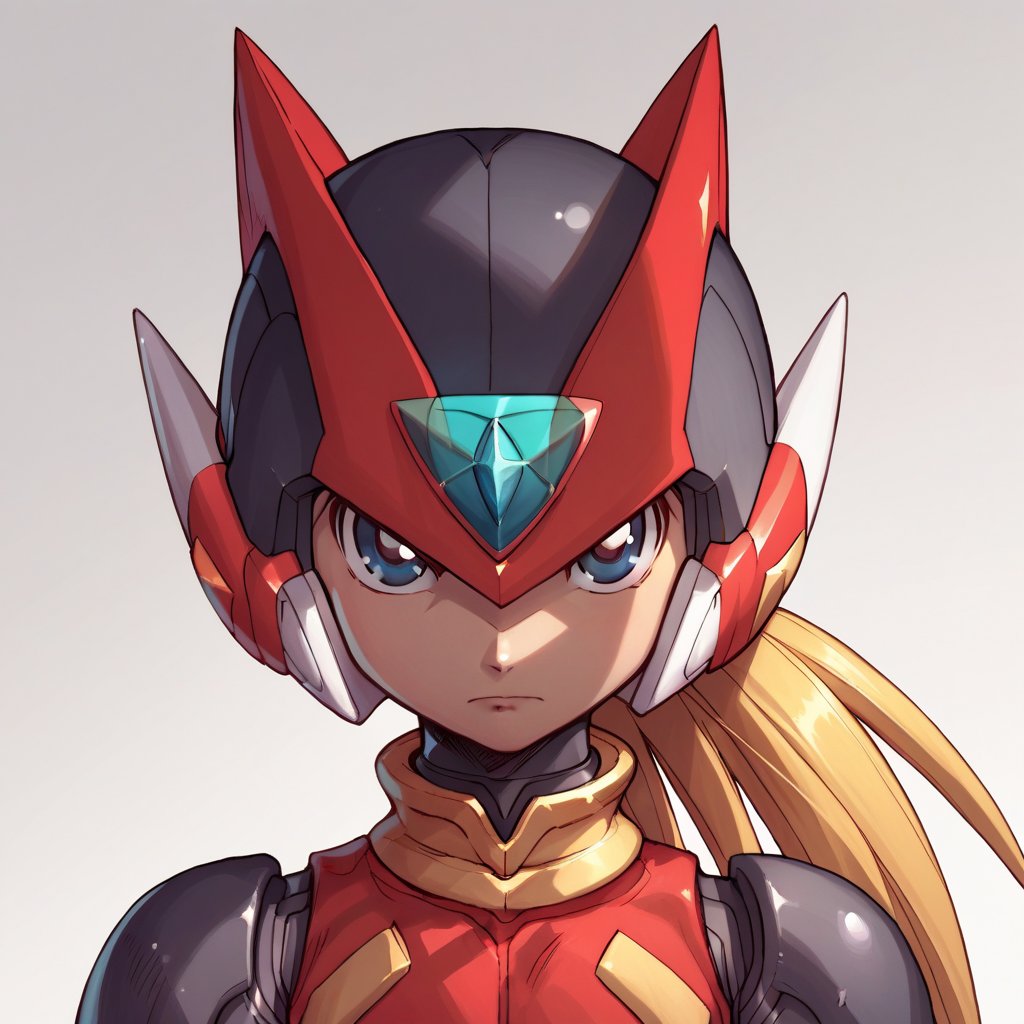 score_9, score_8_up, score_7_up, detailed face, megaman_zero, solo, long hair, looking at viewer, blue eyes, blonde hair, 1boy, closed mouth, upper body, ponytail, male focus, helmet, serious, android, zero (mega man),