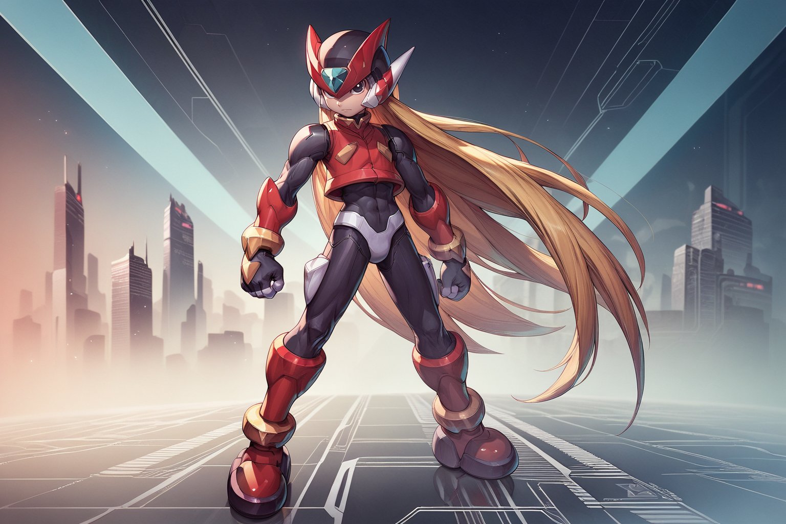 score_9, score_8_up, score_7_up, detailed face, (detailed background), (detailed futuristic city), megaman_zero, solo, long hair, blonde hair, gloves, 1boy, very long hair, full body, male focus, black eyes, bodysuit, medium size body, helmet, android, zero (mega man)