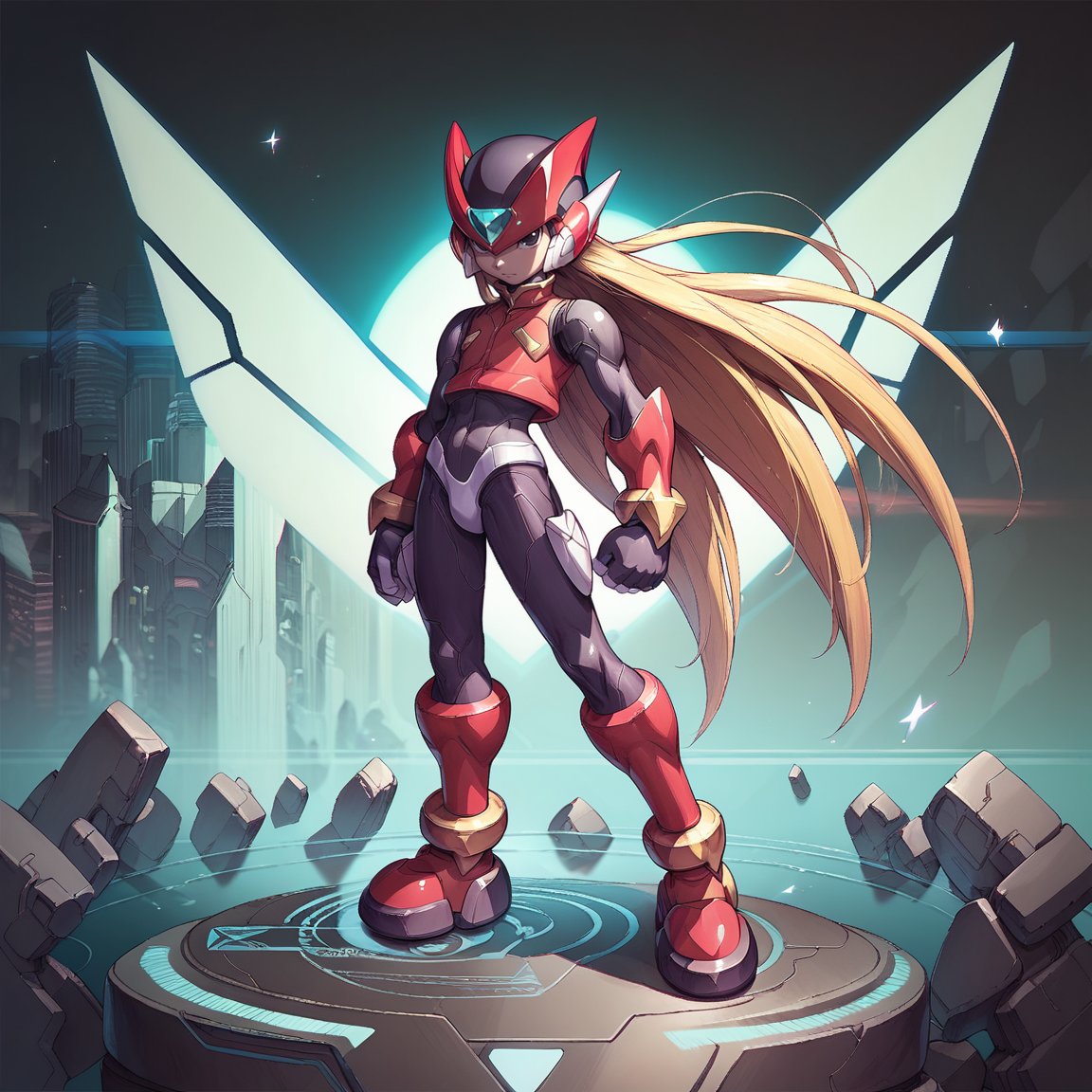 score_9, score_8_up, score_7_up, detailed face, (detailed background), (detailed futuristic city), megaman_zero, solo, long hair, blonde hair, gloves, 1boy, very long hair, full body, male focus, black eyes, bodysuit, medium size body, helmet, android, zero (mega man)