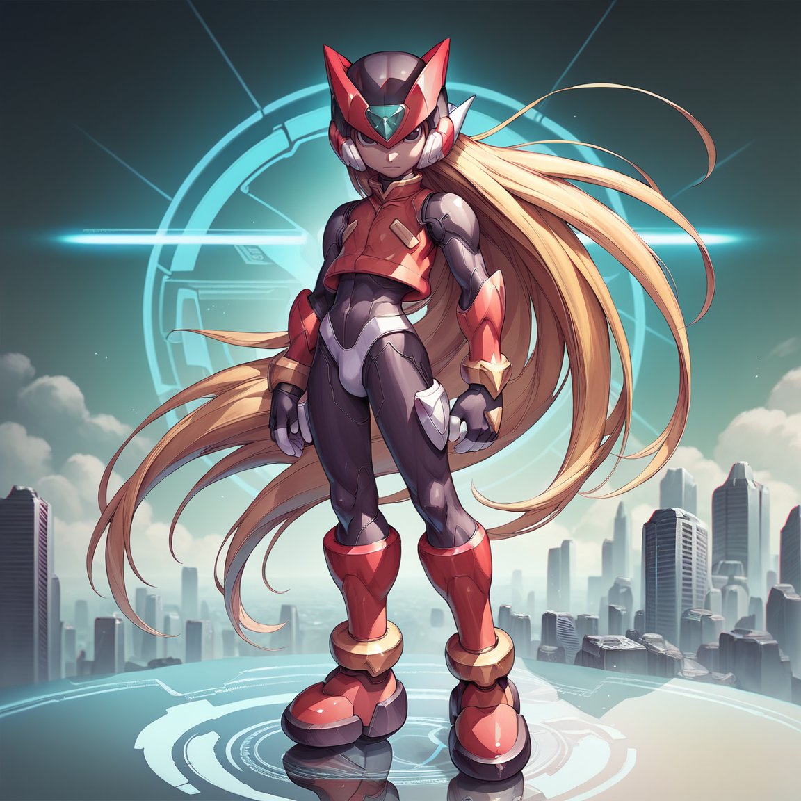 score_9, score_8_up, score_7_up, detailed face, (detailed background), (detailed futuristic city), megaman_zero, solo, long hair, blonde hair, gloves, 1boy, very long hair, full body, male focus, black eyes, bodysuit, medium size body, helmet, android, zero (mega man)