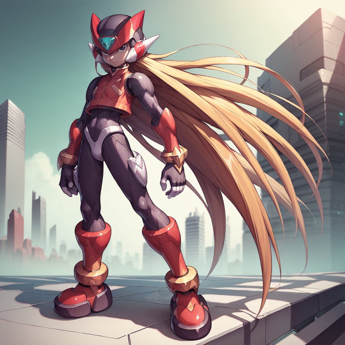 score_9, score_8_up, score_7_up, detailed face, (detailed background), (detailed futuristic city), megaman_zero, solo, long hair, blonde hair, gloves, 1boy, very long hair, full body, male focus, black eyes, bodysuit, medium size body, helmet, android, zero (mega man)