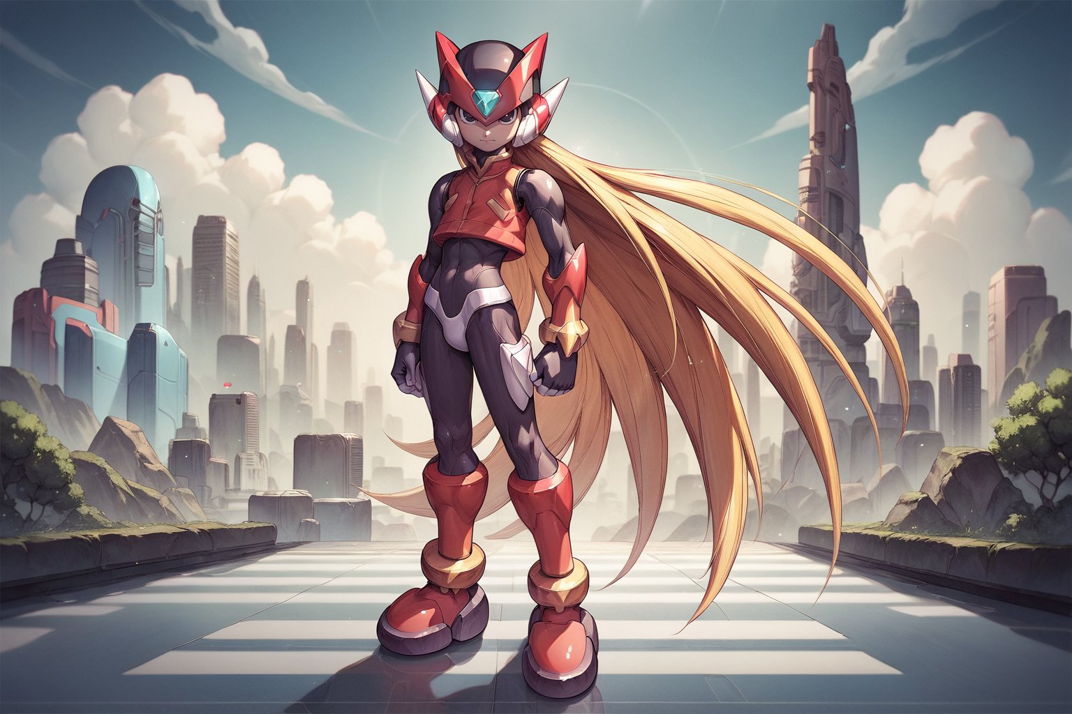 score_9, score_8_up, score_7_up, detailed face, (detailed background), (detailed futuristic city), megaman_zero, solo, long hair, blonde hair, gloves, 1boy, very long hair, full body, male focus, black eyes, bodysuit, medium size body, helmet, android, zero (mega man)