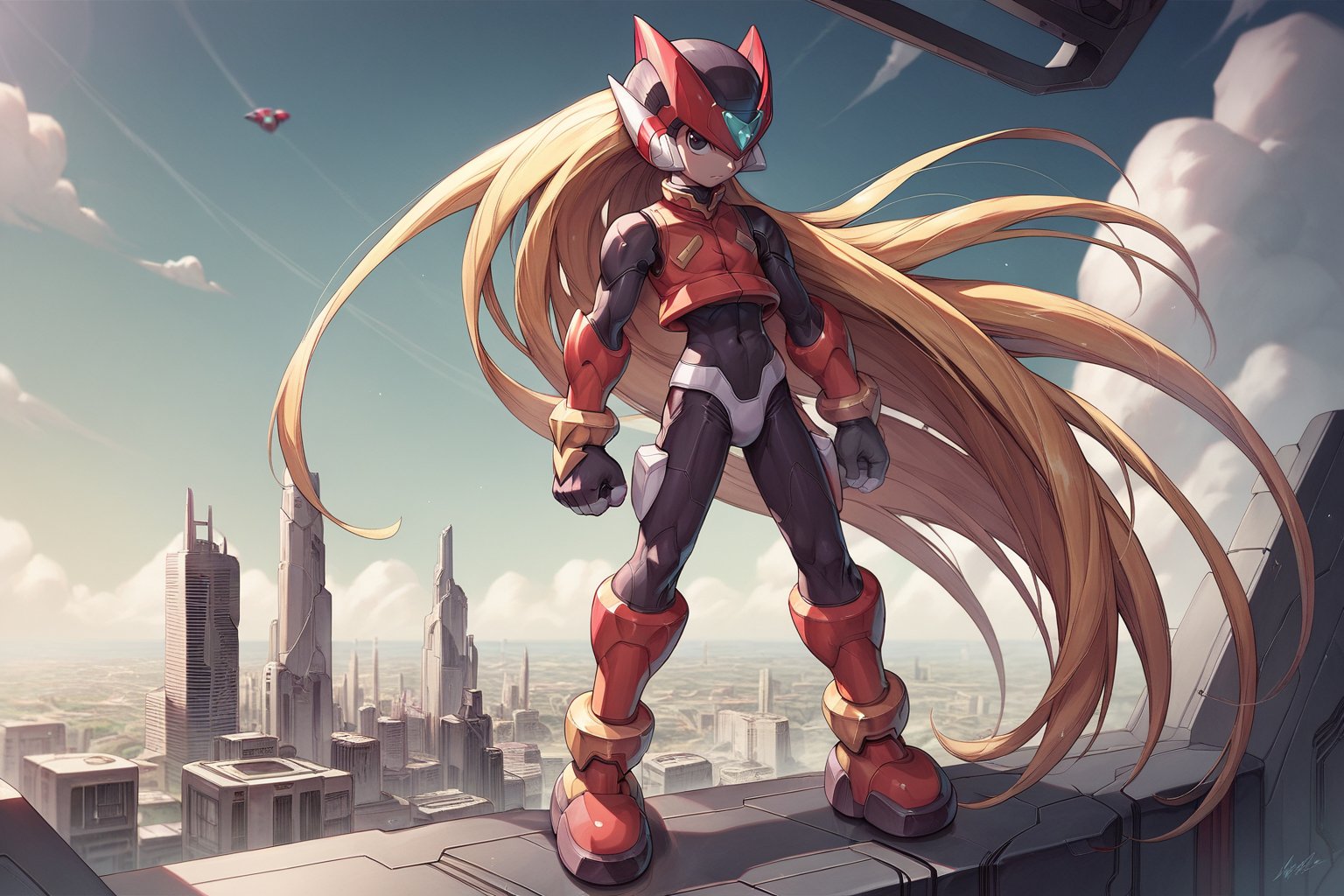 score_9, score_8_up, score_7_up, detailed face, (detailed background), (detailed futuristic city), megaman_zero, solo, long hair, blonde hair, gloves, 1boy, very long hair, full body, male focus, black eyes, bodysuit, medium size body, helmet, android, zero (mega man)