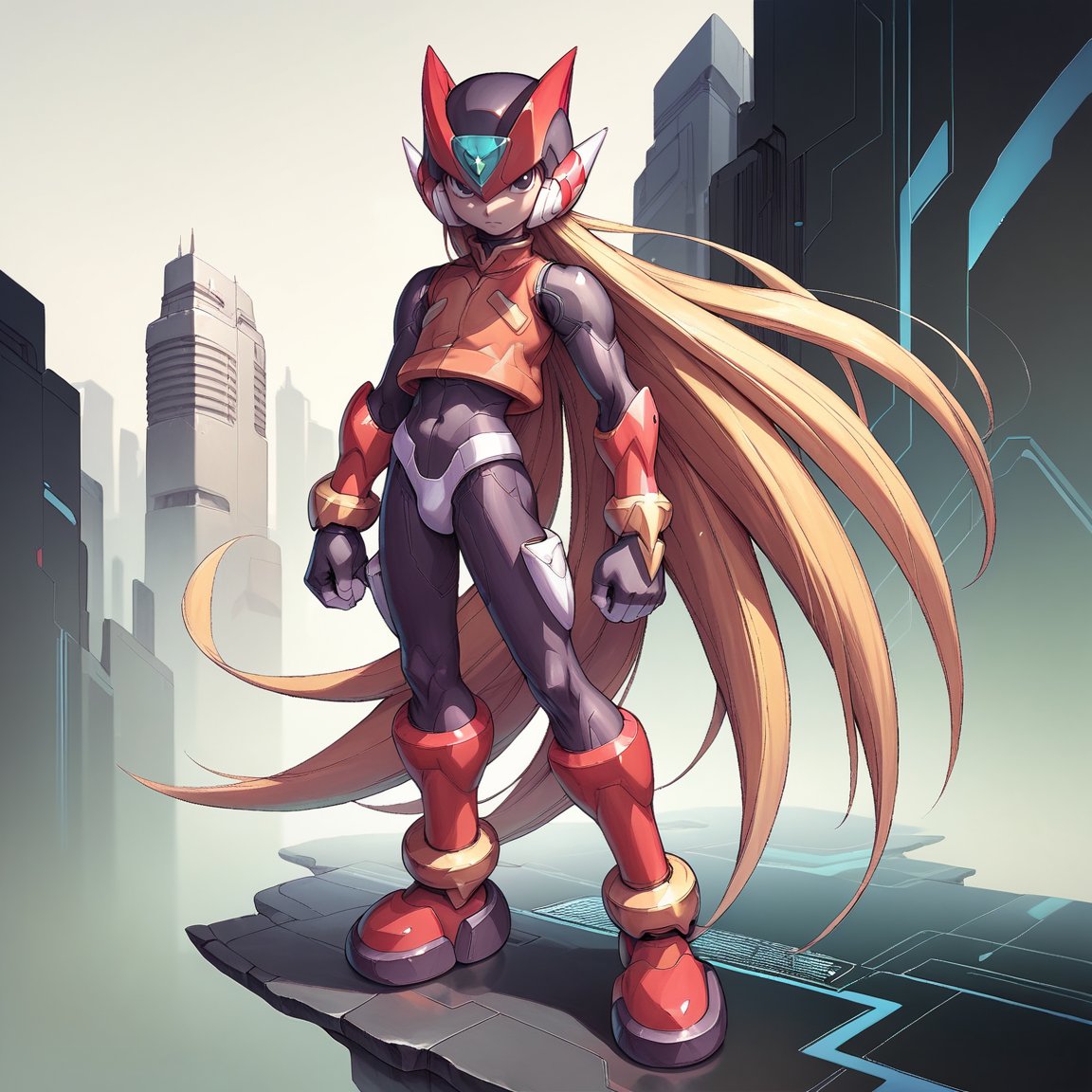 score_9, score_8_up, score_7_up, detailed face, (detailed background), (detailed futuristic city), megaman_zero, solo, long hair, blonde hair, gloves, 1boy, very long hair, full body, male focus, black eyes, bodysuit, medium size body, helmet, android, zero (mega man)