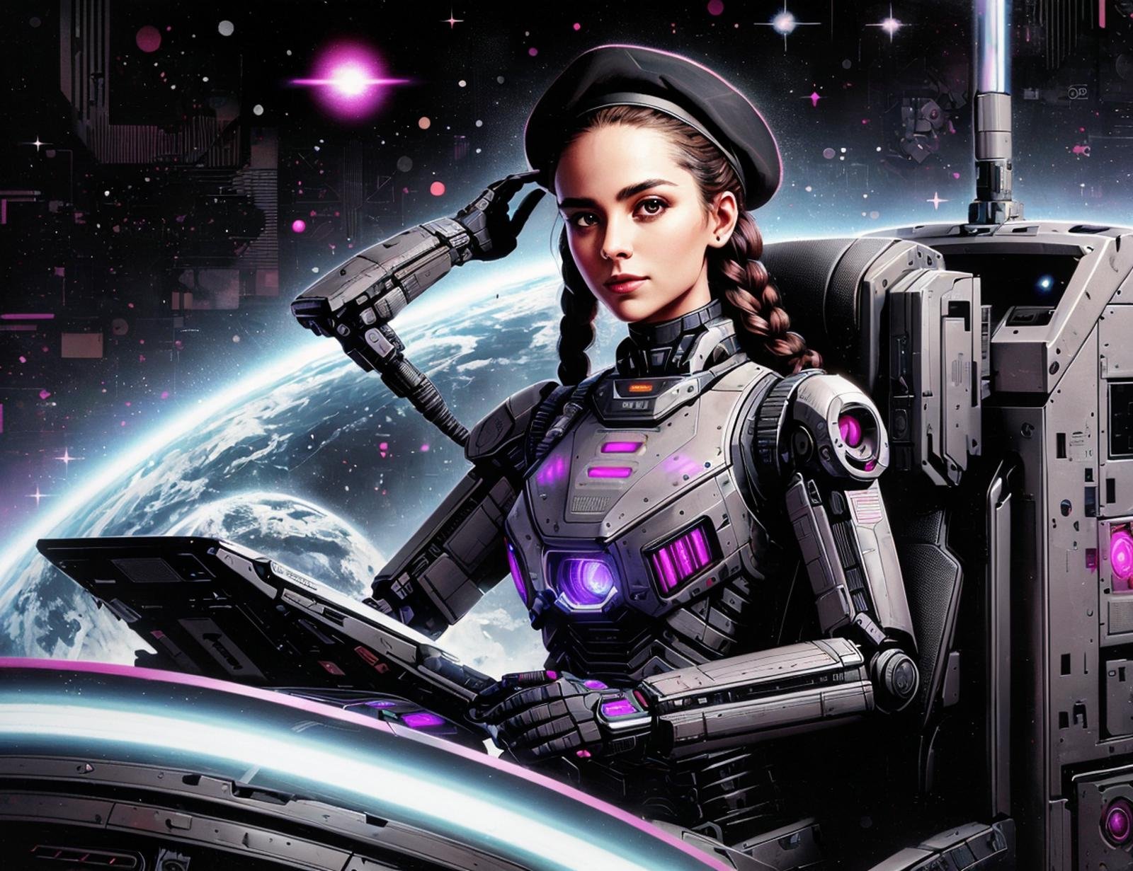 masterpiece illustration, detailed, DonM51ck female galactic network administrator,  senior, lean, scandinavian, brown eyes,      curved forehead,    , light black (soft black) french braid hair, excitement, sitting in a cockpit with hands on controls, focused on the mission.,  wearing robotic exosuit texture    variegated haptic feedback leg holster,  graphene turtleneck,  microchip beret, , striking a pose while powering on or activating an android body., traversable wormhole lighting, first contact with alien civilizations and diplomatic missions ,  <lora:DonM51ck-000008:0.8>