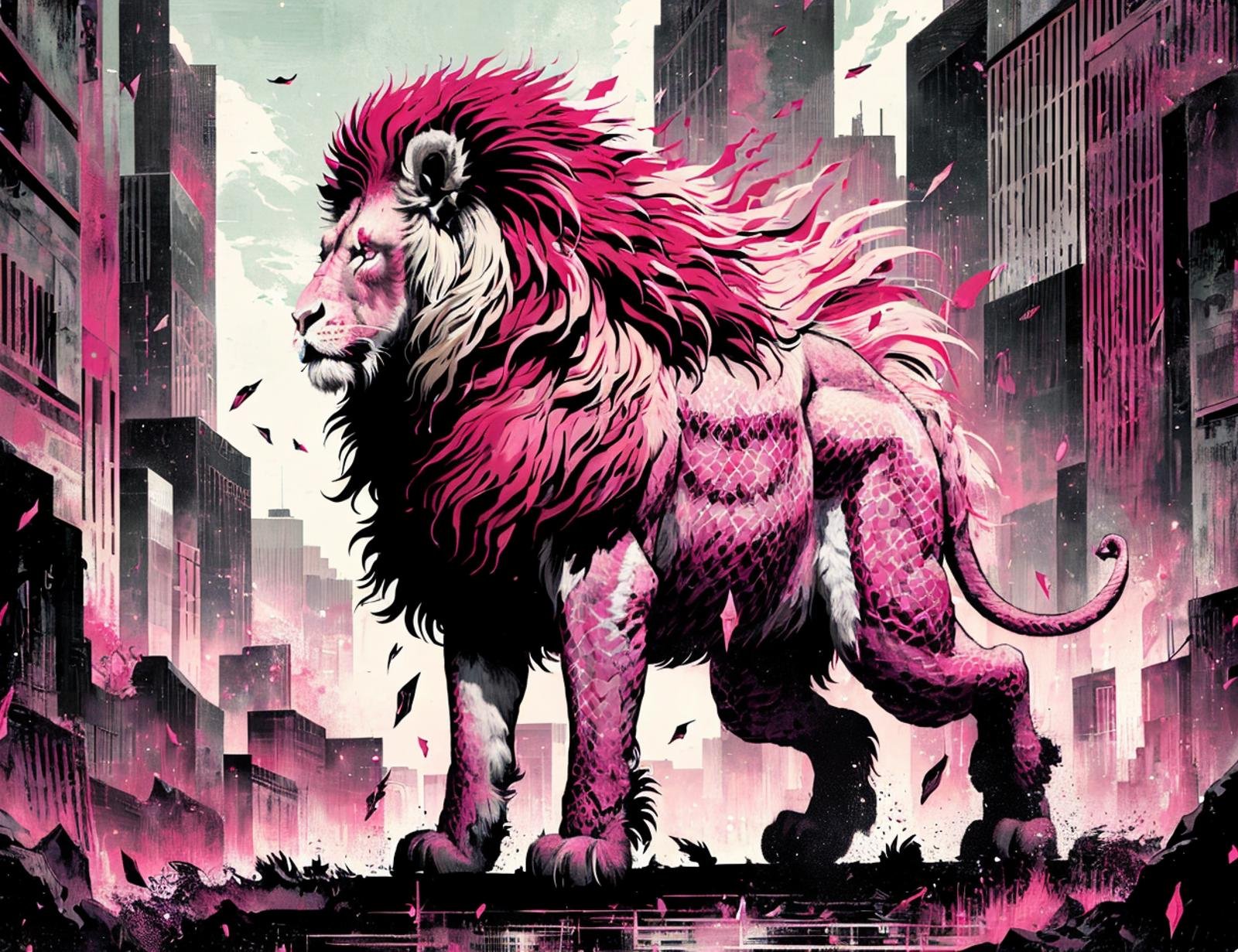 masterpiece illustration, detailed, DonM51ck imp, large mythical creature, composite features, lion body, mane, forelimbs, goat head, hind legs, serpent tail, distinctive, intimidating, ferocious expression, multiple heads, scaled covered body, symbol of chaos, mythical hybridization  ,  <lora:DonM51ck-000008:0.8>